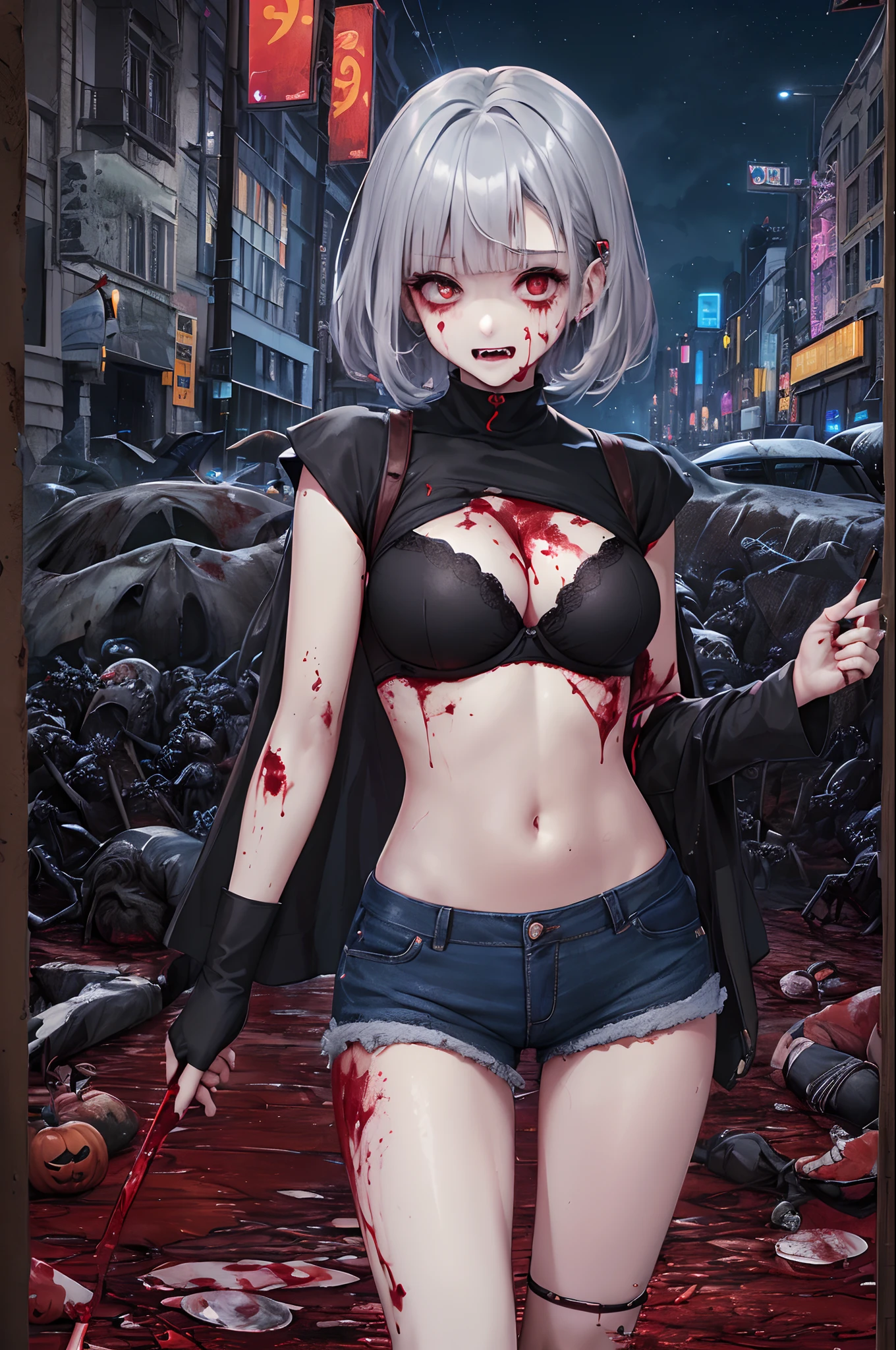 top-quality、Top image quality、in 8K,4K,masterpiece、(NSFW:1.1)、ultra-detailliert、Beautiful、ultra-quality、adult-like、Cool、((Undersized breasts:1.4、Narrow cleavage, under the boobs, (Bloods:1.4), wounds, (Bloody:1.1), Blood everywhere, (Blood on clothes:1.1), blood pool, (Covered with blood:1.3))、girl with(((18year old、Halloween Style:1.5、Bra:1.2、shortpants:1.3、silber hair、a short bob:1.3、Putting out fangs:1.5、Holding one bloody torn arm in his hand、Red Eyes、erotick:1.4、Happiness、The tattoo)))、hiquality、visualart、Background with((neons, the night:1.3、City Background:1.3、Zombie swarm:1.3))、masutepiece