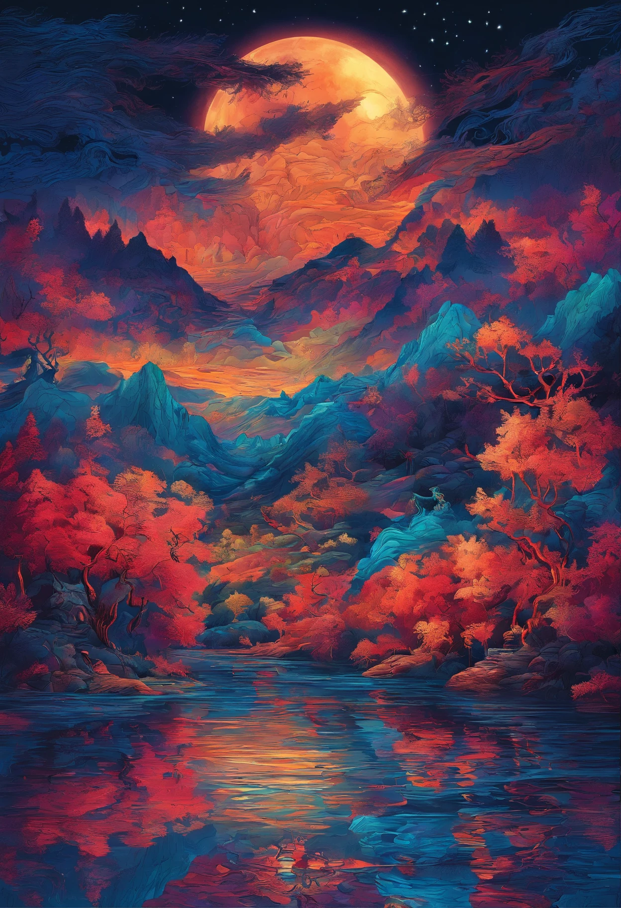 dream magical，Moonlight shines through the clouds，（The moon shines on the fiery phoenix），Blue-colored fluorescence，（Taolin），（Lake mirror），Ultra-long viewing angle，ultraclear，Cinematic texture，High mountains and flowing water，Pavilions