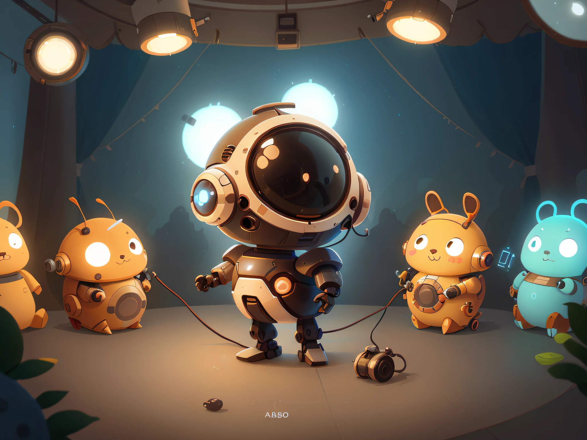 Very cute little robot，Round and cute，Love music，On a glowing stage，Very nice color，ultra - detailed，，natural  lightting，trends in art station，Simple details，highly  detailed，Cartoon image of futuristic robot，adolable，droid，Q version，Design style，character sheets, Set the chart，multiple views，nft style