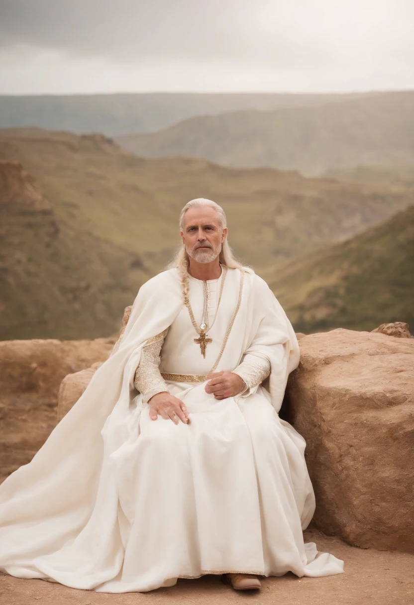 Um Grande Trono Branco nas nuvens, And around him millions and millions of people who are dressed in white, Behind the throne there is a great rainbow. Very wide and panoramic image, as pessoas tomam conta de quase toda a imagem, because there are millions