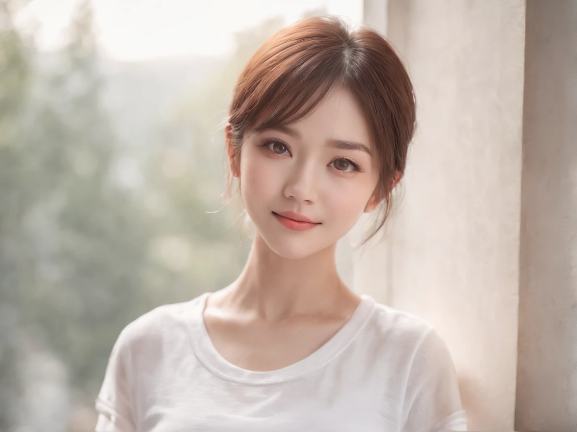 (Photo: 1.3) in the (Realistic: 1.3), Women in Japan, a beautiful detailed girl、Beautiful fine eyes、a smile、Soft light, Clear face, (front), ((White T-shirt)), Cheerful, Warm light, ((Gray-white gradient background)), (Background)) 、avatar,(shinny hair),Beautiful,年轻,,Short hair,((avatar))