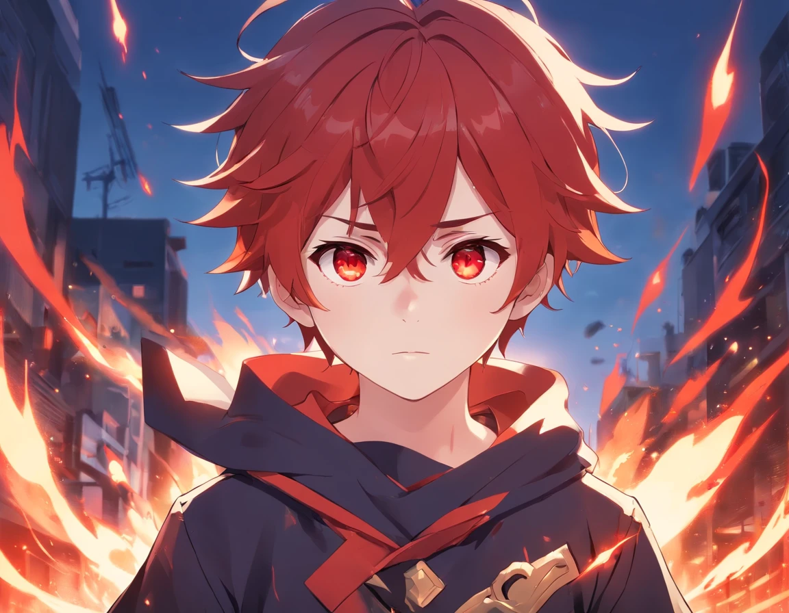 Cute Genshin impact boy with pale skin, glaring red eyes, and a black and red color scheme with a pyro vision.