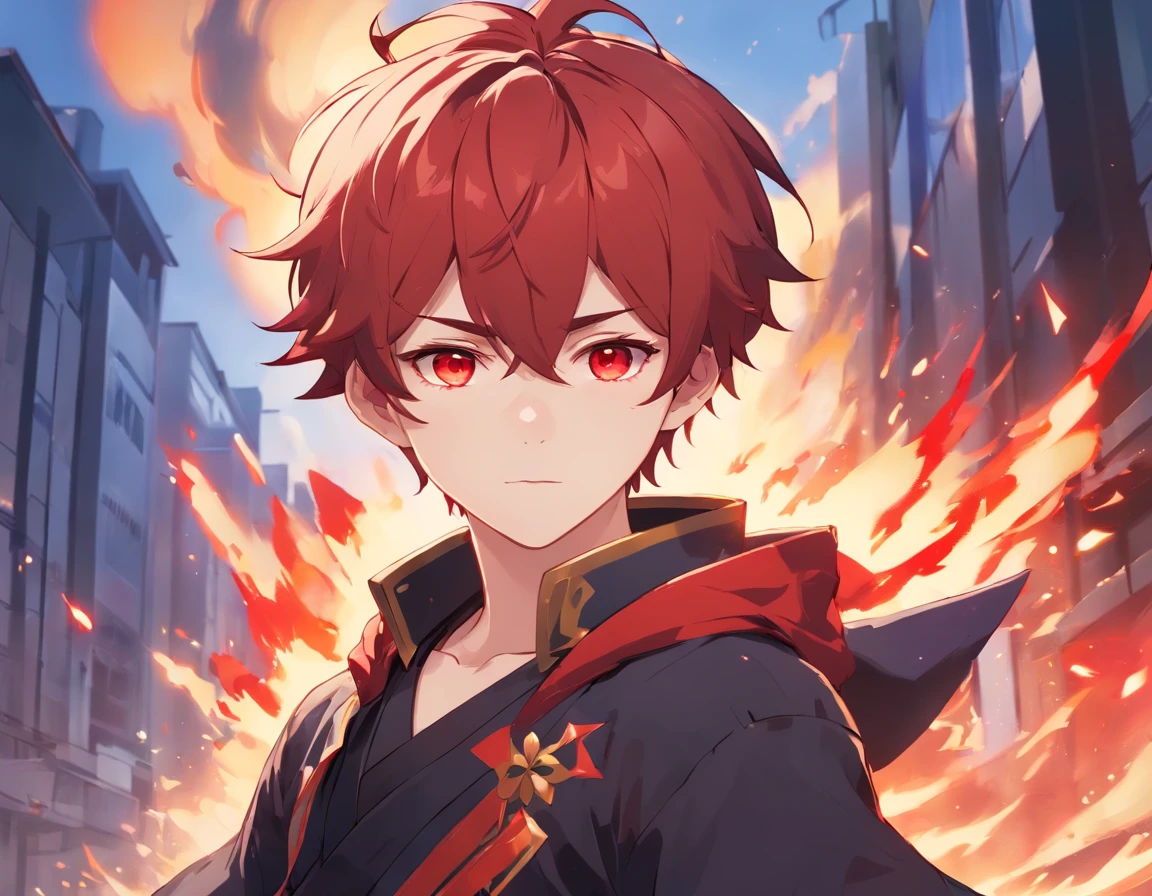 Cute Genshin impact boy with pale skin, glaring red eyes, and a black and red color scheme with a pyro vision.