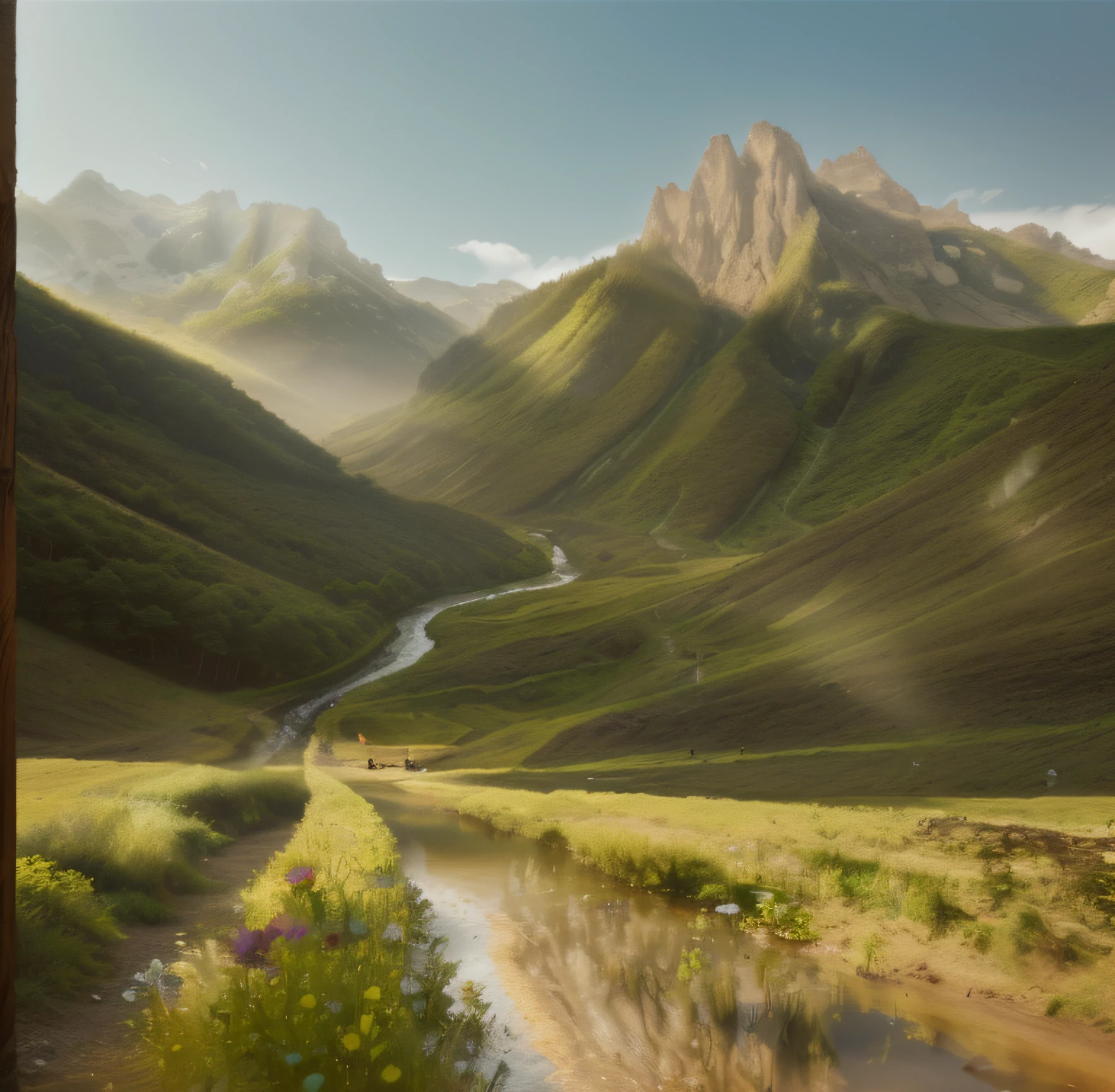 lushing rolling hills, majestic tress, Babbling Brooks and Serene Ponds, Vibrant Wildflowers, Enchanting Wildlife, Rustic Wooden Bridges, The Play of Light and Shadow (3:1), high resolution, hd quality,