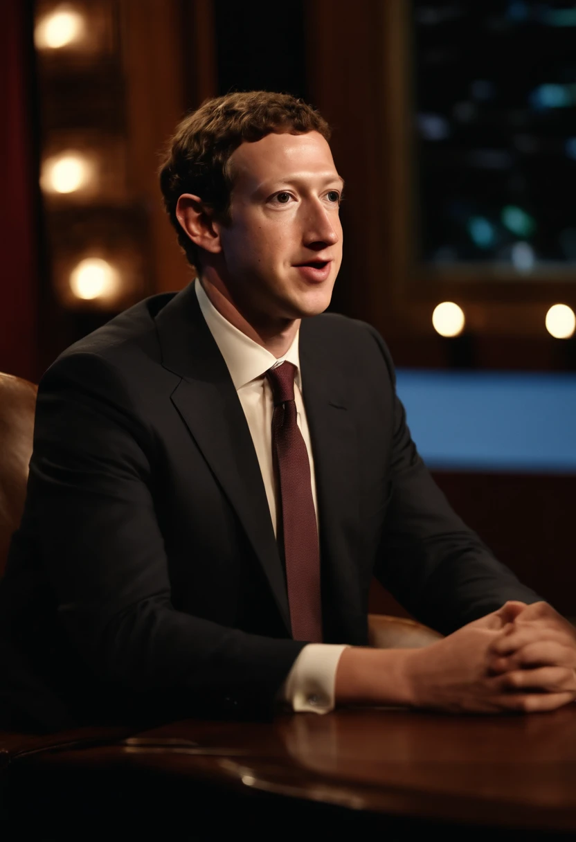 Mark Zuckerberg, 1980s, 1970s late night show, casual interview, close-up shot, VHS recording