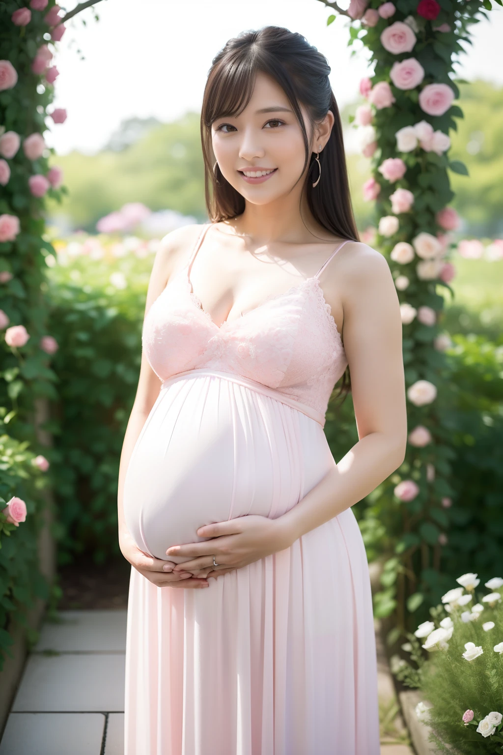 ((Pregnant Woman,Pregnant,Pregnant women in Japan,Pregnant women,Pregnancy,Japan pregnant women,Big belly,Very big belly)),Smile here,View here,Looking at the camera,finerly detailed face,Lifelike face,A slight smil,(((((depth of fields))))),(((((Backlit by the setting sun))))),(((Slim body))),20yr old、Twilight rays、lace wedding dresses、corolla、((Tunnel of Roses))、Bokeh in front of roses、Bokeh、Photorealsitic、Surrounded by colorful roses、((((Smiling))))、(((Keep your mouth shut))),(1 girl in), (the setting sun:1.3), (8k, RAW Photography, Top image quality, ​masterpiece:1.2), (realisitic, Photorealsitic:1.37), Top image quality, 超A high resolution,(stands in a flowering field:1.3), (Vivid and colorful:1.3)