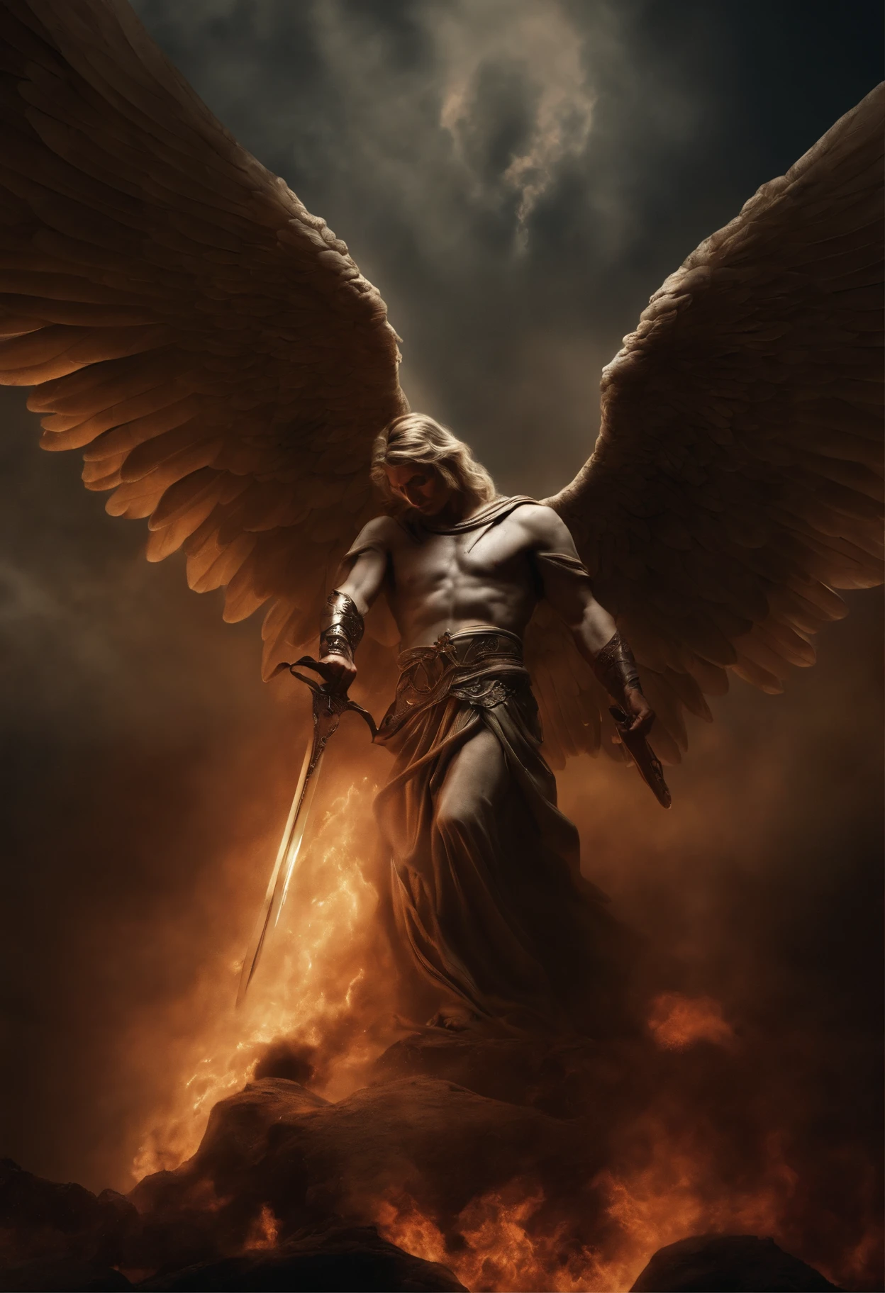 an image of an angel with a sword standing in hell, Anjo no inferno, arcanjo, anjos vs soldados, angel watching demon, angels and demons, anjo protegendo o homem, Arcanjo Miguel, O Anjo da Morte, Battle between angels and demons, anjo super largo, epic angel wings, angels protecting a praying man, necessidade humana anjo da morte. ((imagem epica)), ((alta qualidade))