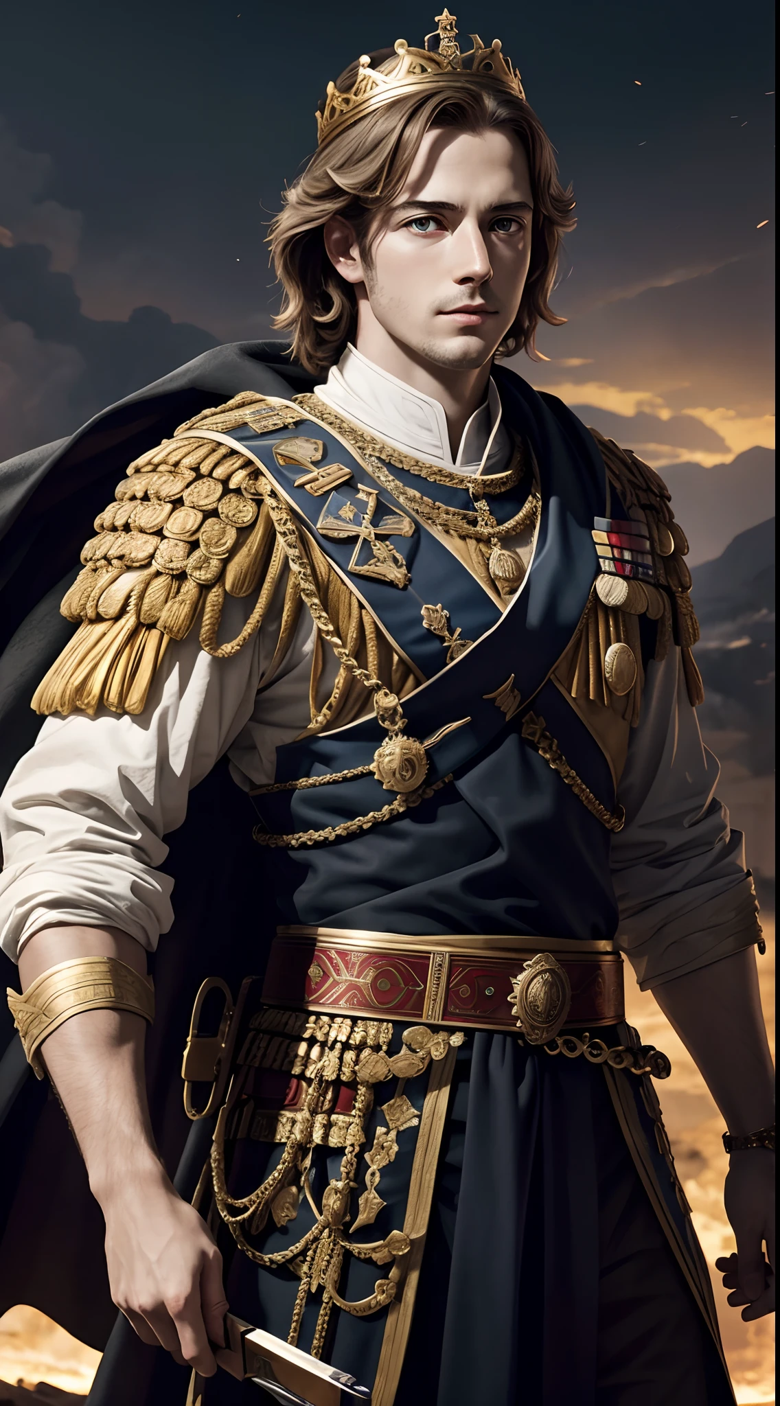 king young Alexander lll of greek on a conquest spree, epic, dark background, realistic, 8k