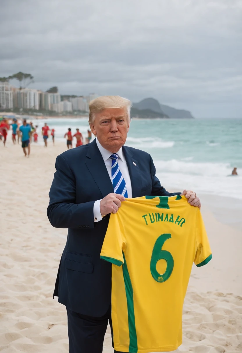 Donald Trump with a Brazilian national team soccer jersey, e uma bermuda da adidas, he's on Copacabana beach