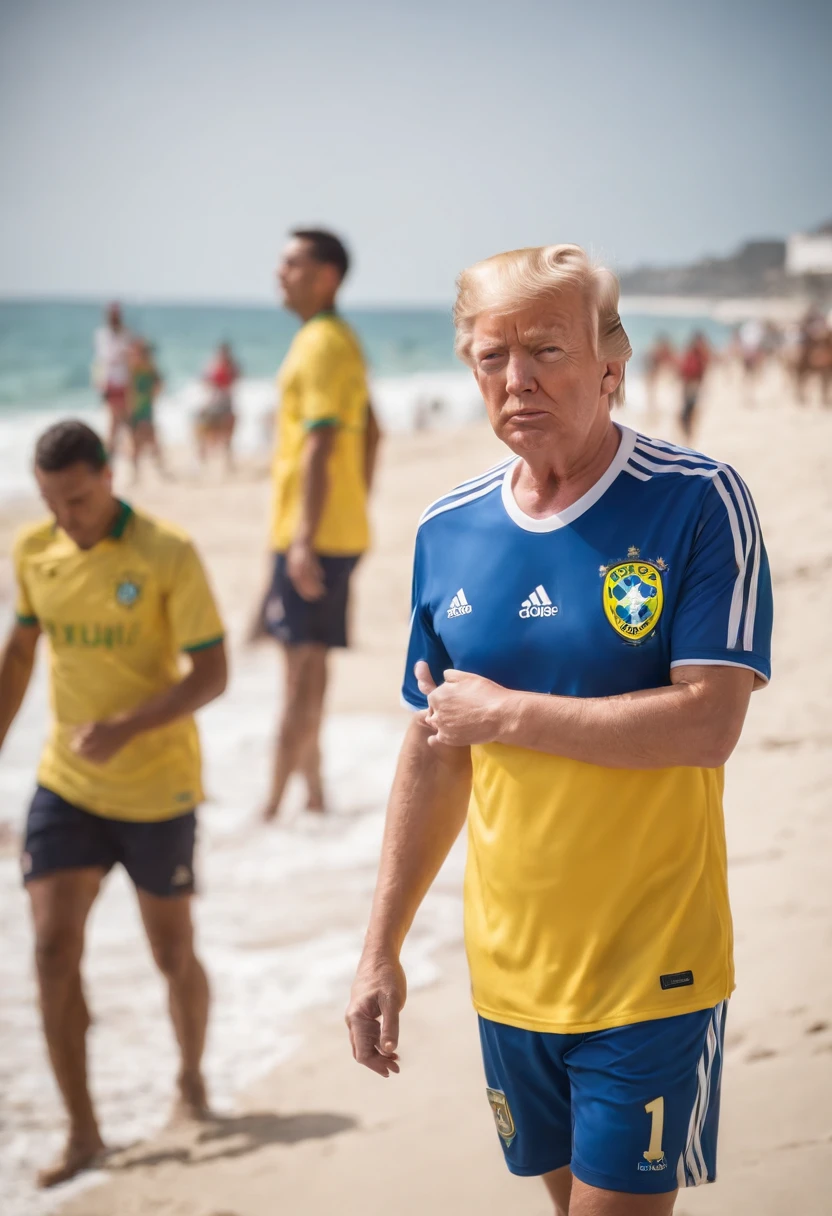 Donald Trump with a Brazilian national team soccer jersey, e uma bermuda da adidas, he's on Copacabana beach