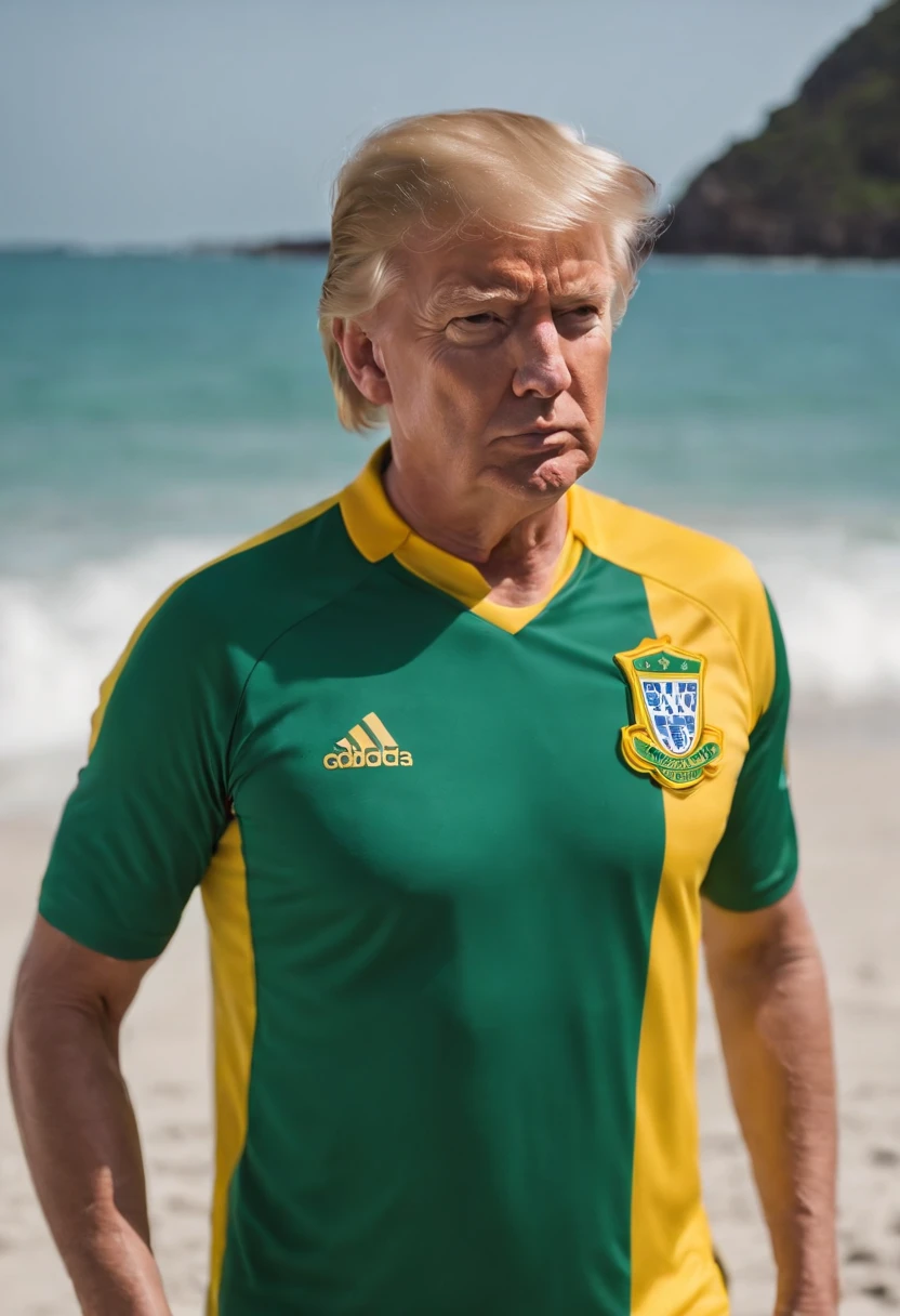 Donald Trump with a Brazilian national team soccer jersey, e uma bermuda da adidas, he's on Copacabana beach