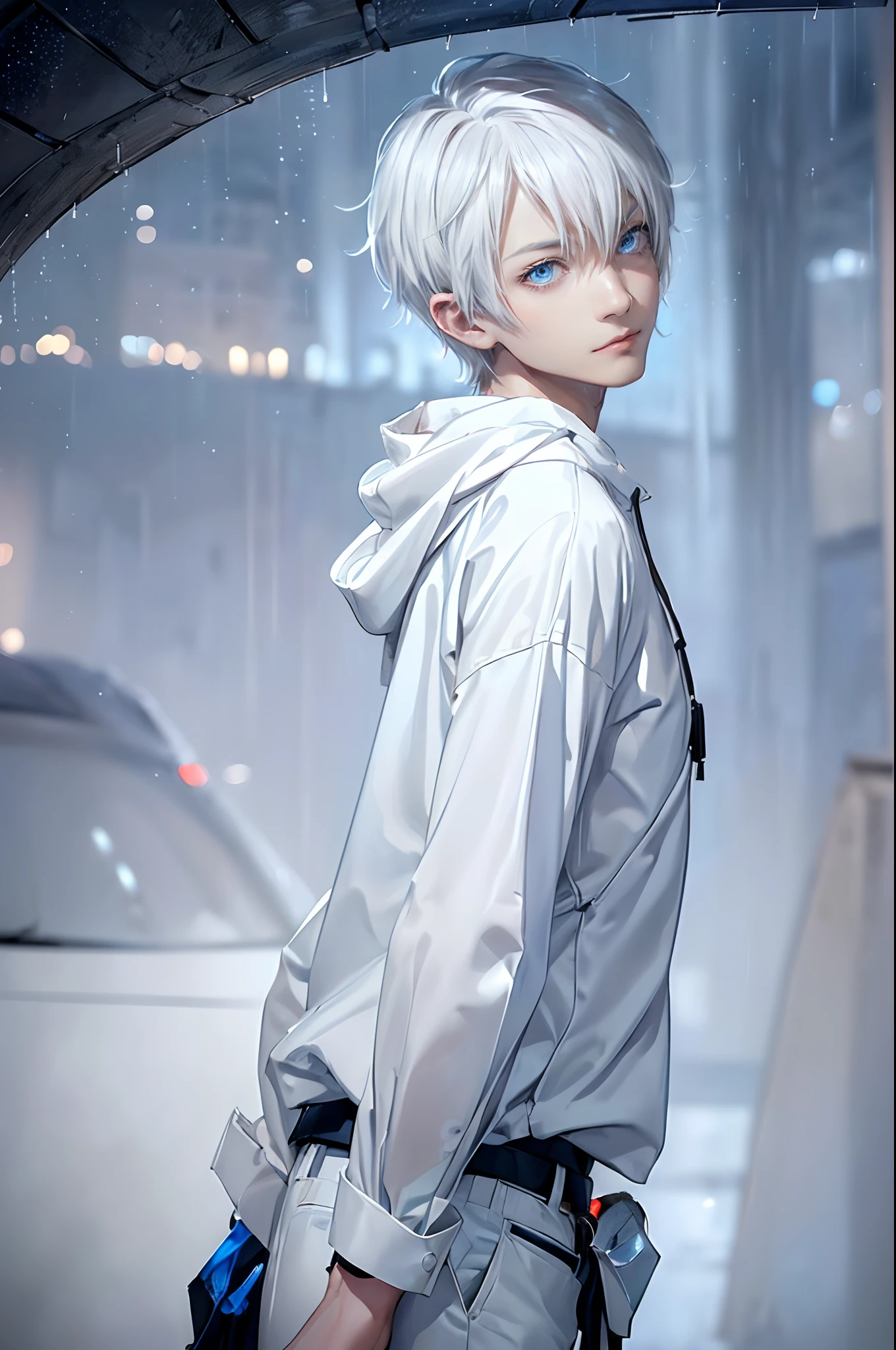 ((4K works))、​masterpiece、(top-quality)、One beautiful boy、Slim body、tall、((Black Y-shirt and white pants、Charming street style))、Please wear one jacket、Wearing a hood to hide his face、(Detailed beautiful eyes)、Morning City、((Rainy city))、Fashionable city with morning rain、During the walk、((Bright, Cloudy sky))、((Face similar to Carly Rae Jepsen))、((Short-haired white hair))、((Smaller face))、((Neutral face))、((Bright blue eyes))、((American adult male))、((Adult male 26 years old))、((Cool Men))、((Like a celebrity))、((Glaring expression))、((Wild look))、((Korean Makeup))、((elongated and sharp eyes))、((Happy dating))、((boyish))、((Upper body photography))、Professional Photos、((Model photo))、((Shot alone))、((He's under the roof))、((Looking up at the sky))、((photographed from the back))、((He is looking upwards))、((His eyes are looking upwards))、((Increase the angle of the face))、((He is walking in front of the viewer))