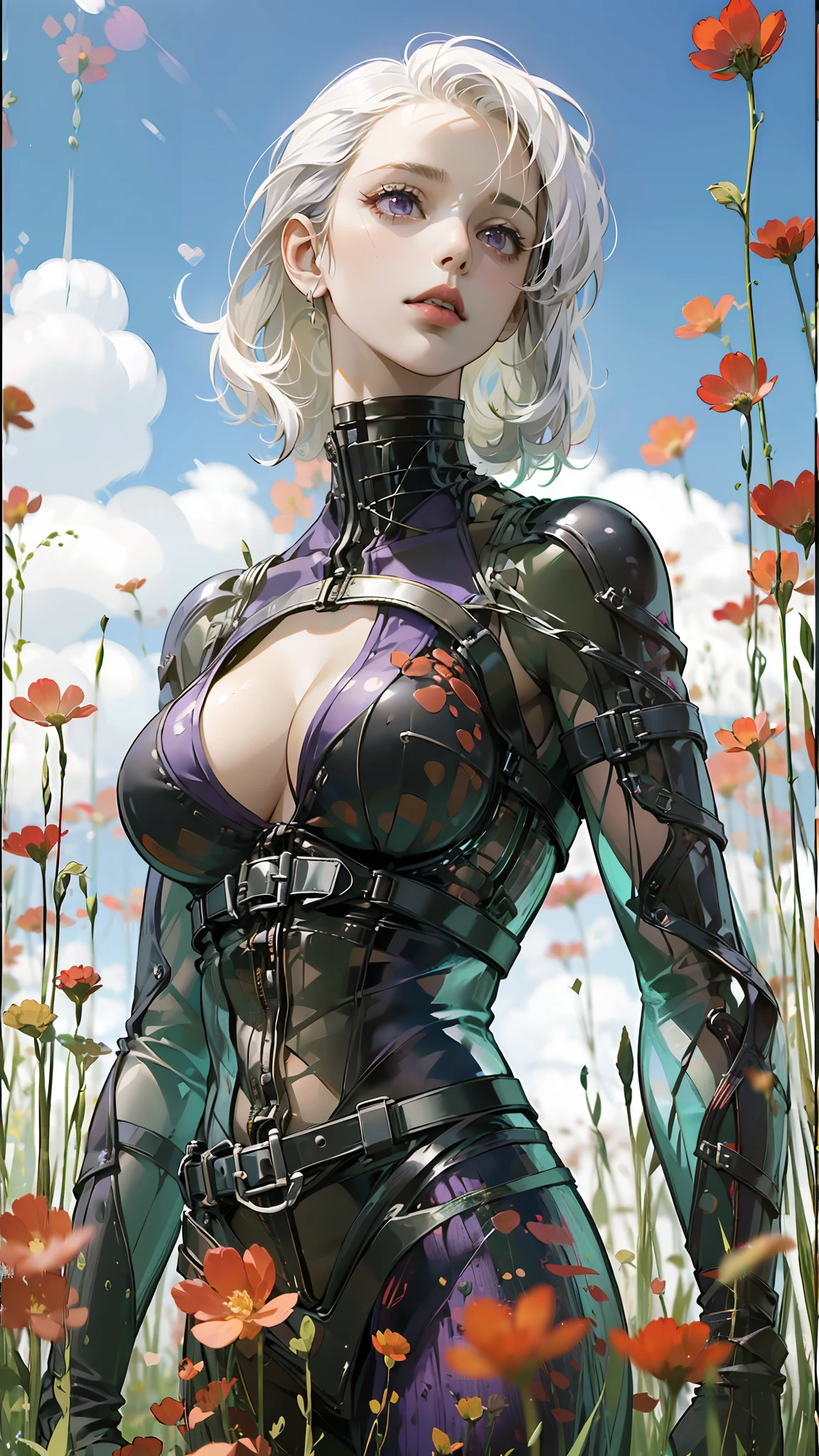 (1girl:1.5), (purple eyes: 1.5), looking at the audience, realistic, (Realistic white hair), short hair, short hair blown by wind, solo, flowers, sky, sky, outdoor, short hair, science fiction, blur, grass, realism, clouds, blue sky, chest, (large breasts: 1.2), lips, transparent, transparent, transparent,