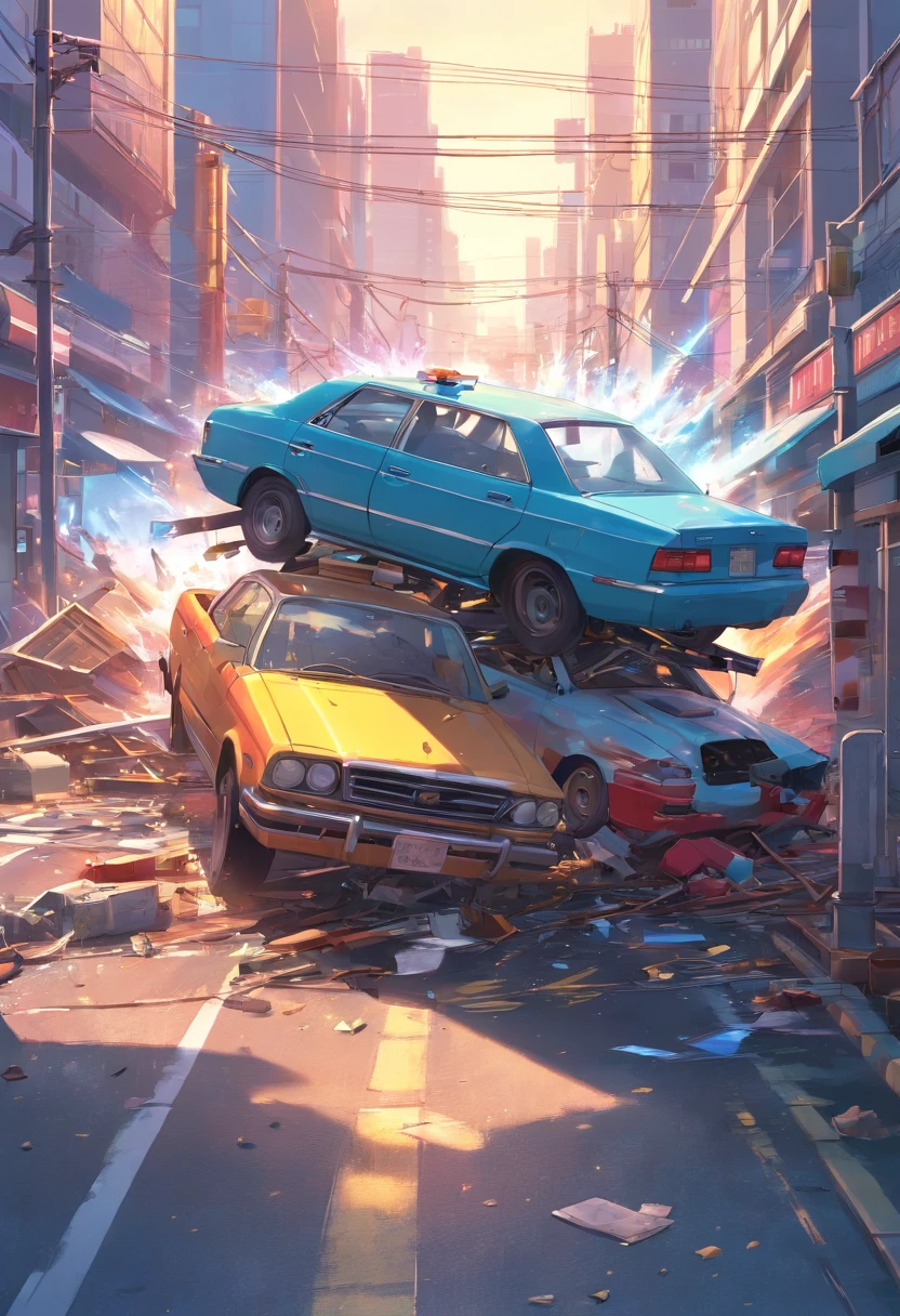 a dramatic car crash, twisted metal and shattered glass, emergency responders rushing to the scene, smoke billowing from the wreckage, injured passengers being treated by paramedics, broken car parts scattered on the road, debris flying through the air, the sound of sirens filling the air, a sense of chaos and urgency, dark and ominous atmosphere, dramatic lighting highlighting the destruction and chaos, intense and vivid colors, a scene captured with high-resolution photography, the moment frozen in time, art style reminiscent of concept artists.
