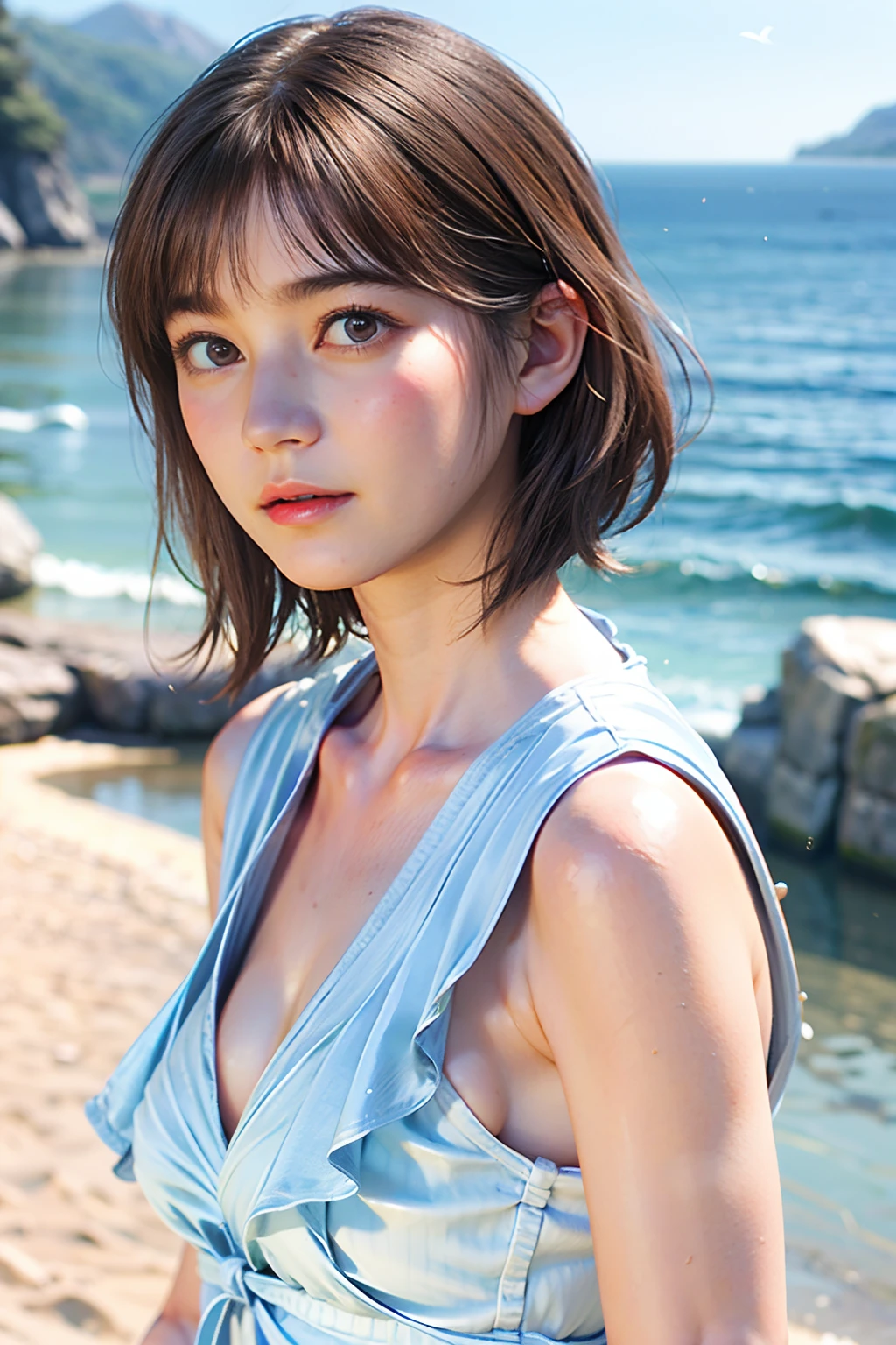 34
(Shorthair:1.23), (30-year-old woman with), (A hyper-realistic), (masutepiece), (8KUHD), Being on the coast, (Breast:1.23), serene expressions