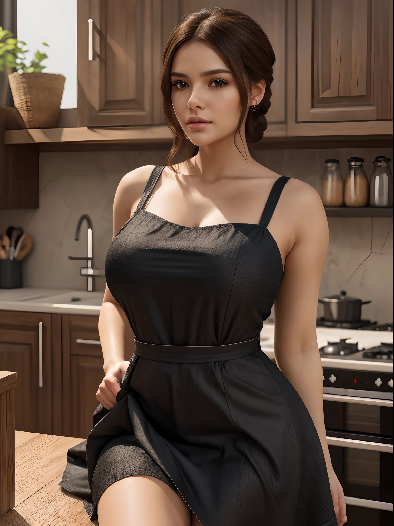 High quality image, masterpiece, detailed hair texture, detailed skin texture, detailed cloth texture, 8k, add fabric details, ultra detailed skin texture, ultra detailed photo, skin pores, cloth details, high skin details, realistic hair details, portrait of a woman with cubby body, curvy body, wearing black maid dress, at kitchen