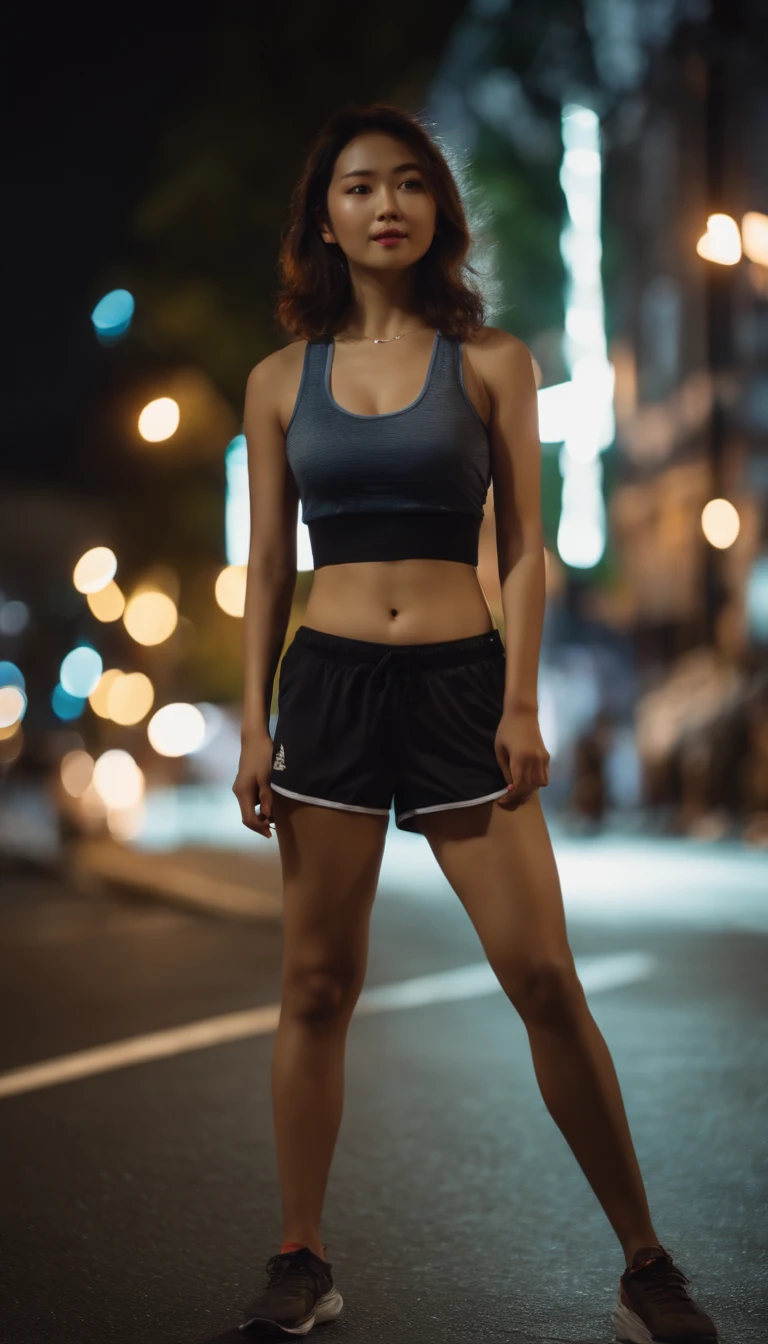 4K high quality, nighttime scene, three point lighting, Cinematic photography, Soft lighting, Realistic lighting, Street, Japan girl with beautiful body, Beautiful face, Wearing sports shorts, ootd, Slim body, smiling for the camera, Pose Seductive