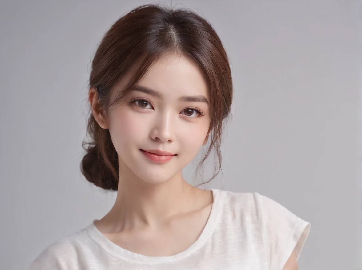 (Photo: 1.3) in the (Realistic: 1.3), Women in Japan, a beautiful detailed girl、Beautiful fine eyes、a smile、Soft light, Clear face, (front), ((White T-shirt)), Cheerful, Warm light, ((Gray-white gradient background)), (Background)) 、avatar,(shinny hair),Beautiful,年轻,,Medium hair,((avatar))