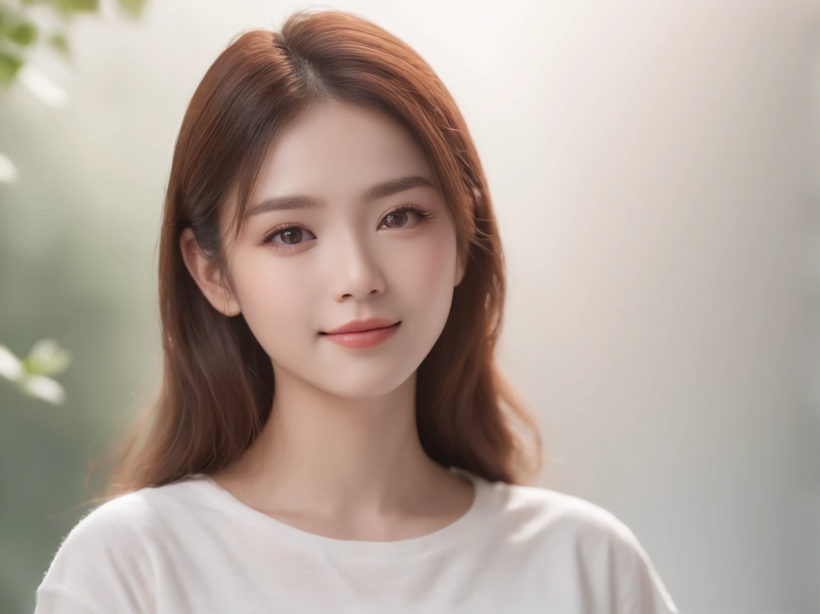 (Photo: 1.3) in the (Realistic: 1.3), Women in Japan, a beautiful detailed girl、Beautiful fine eyes、a smile、Soft light, Clear face, (front), ((White T-shirt)), Cheerful, Warm light, ((Gray-white gradient background)), (Background)) 、avatar,(shinny hair),Beautiful,年轻,,Medium hair,((avatar))