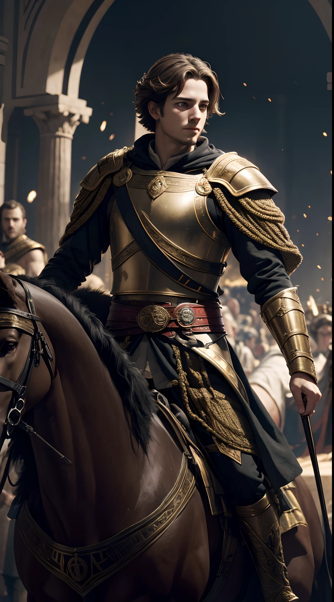 king young Alexander lll  of greek  on a conquest spree, epic, dark background, realistic, 8k