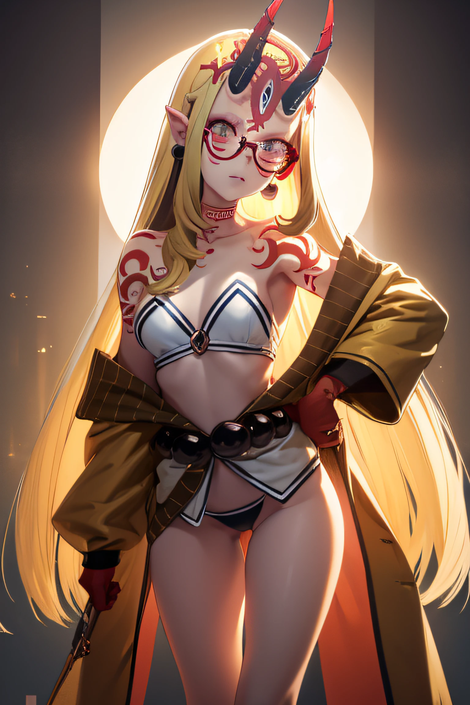 tmasterpiece, Ibaraki Douji, transparent lens Glasses, a warm color palette，rays of sunshine，Light art，(high detal:1 1), Rough face，very very small breasts, full body, nice thighs, long blonde hair, hair color blonde，Natural skin, high quality, NSFW, beautiful eyes, (Detailed face and eyes), (the face: 1 4), noises,Extra, real photograph, ......PSD, Lamp film photography, sharp fokus, contrasty lighting, Delicate skin, High resolution 8K, insanely details, realisticlying, professional photoshooting, 8K  UHD, SLR camera, softlighting, high high quality, filmgrain, Fujifilm XT3