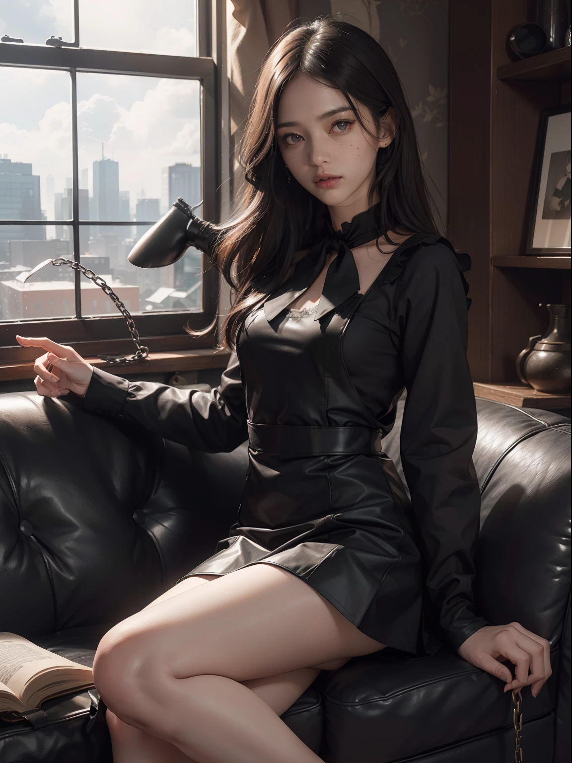 (Hyper-realistic), (Illustration), (High resolution), (8K), (Extremely detailed), (Best Illustration), Yol ( chain saw man ), (Beautiful detailed eyes), (Best Quality), (Ultra-detailed), (masutepiece), (Wallpaper), (Detailed face), Solo, Upper body, Focus on Face, 1 girl, Long Black Hair, Korean, Thin eyeshadow, A detailed eye, Brown eyes, Small moles under the eyes, very slender legs,Long sleeve shirt, Neckbow, Small breasts,Black leather shoes,pinafore dress, Dynamic Pose, low illuminance, Night, Dark, Clouds, a dark night,sit on sofa,