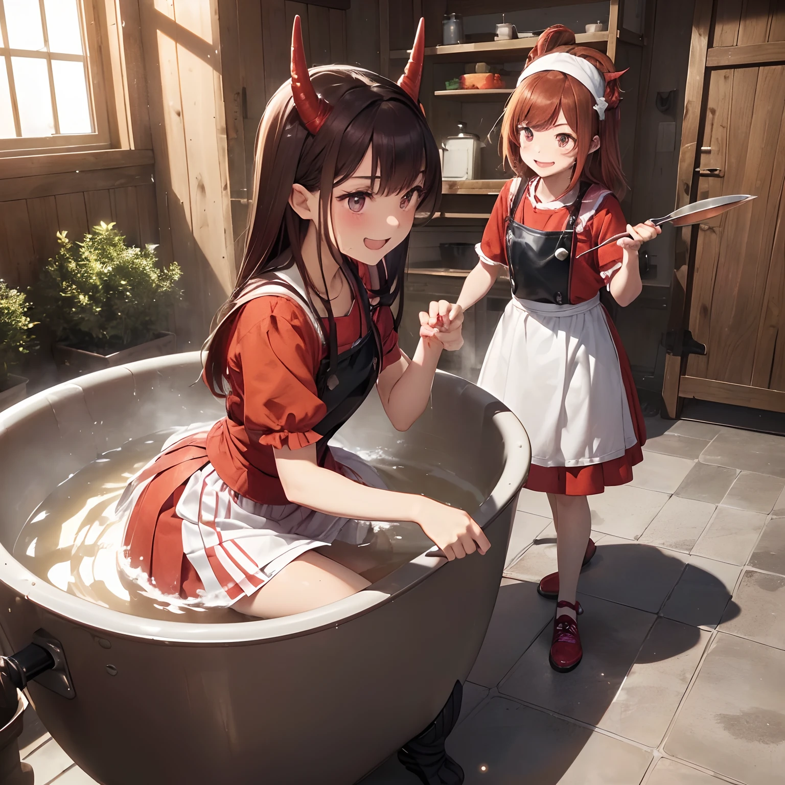 style of anime,Kitchen scene,There is an iron drum bath in the center,There is a small stool next to the iron bucket bath, which is as high as the iron bucket bath,Iron drum bath(hot water,Diced vegetables,Diced onions,Write blocks of carrots),((1girll:brunette color hair,The head has dark red dragon horns,a cup,Location:In the iron drum bath,action:(Leaning against the Tetsuto bath,The left and right hands grasp the edge of the iron pass),expressioness:(enjoying,ssmile),Be red in the face)).((2girls:redheadwear,The head has red dragon horns,a cup,Location:Stand on a small stool next to the iron bucket bath,The clothes ar:(Red skirt,short- sleeved),action:(Holding a large spoon in both hands, stir it back and forth in the iron drum bath),expressioness:(having fun,The smile is sinister).))