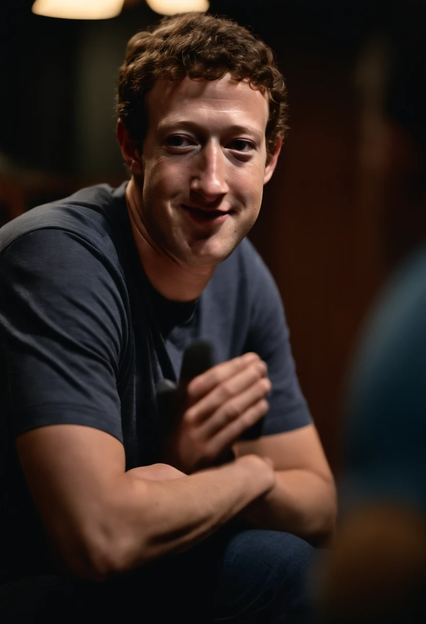 Close up of Mark Zuckerberg in a casual interview on a late night show from the 1970s 1980s, recording on VHS