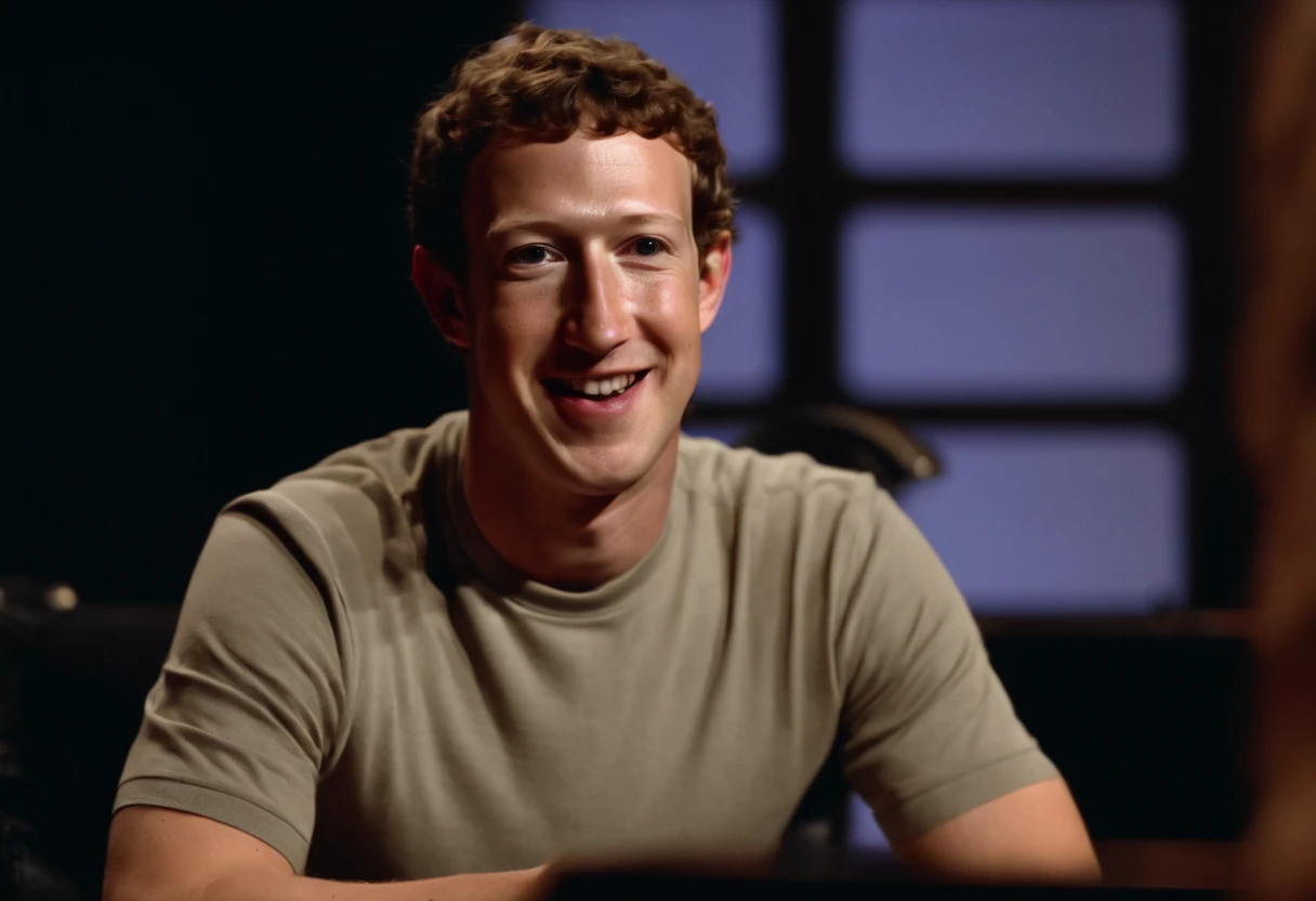 Close up of Mark Zuckerberg in a casual interview on a late night show from the 1970s 1980s, recording on VHS, bad quality youtube video