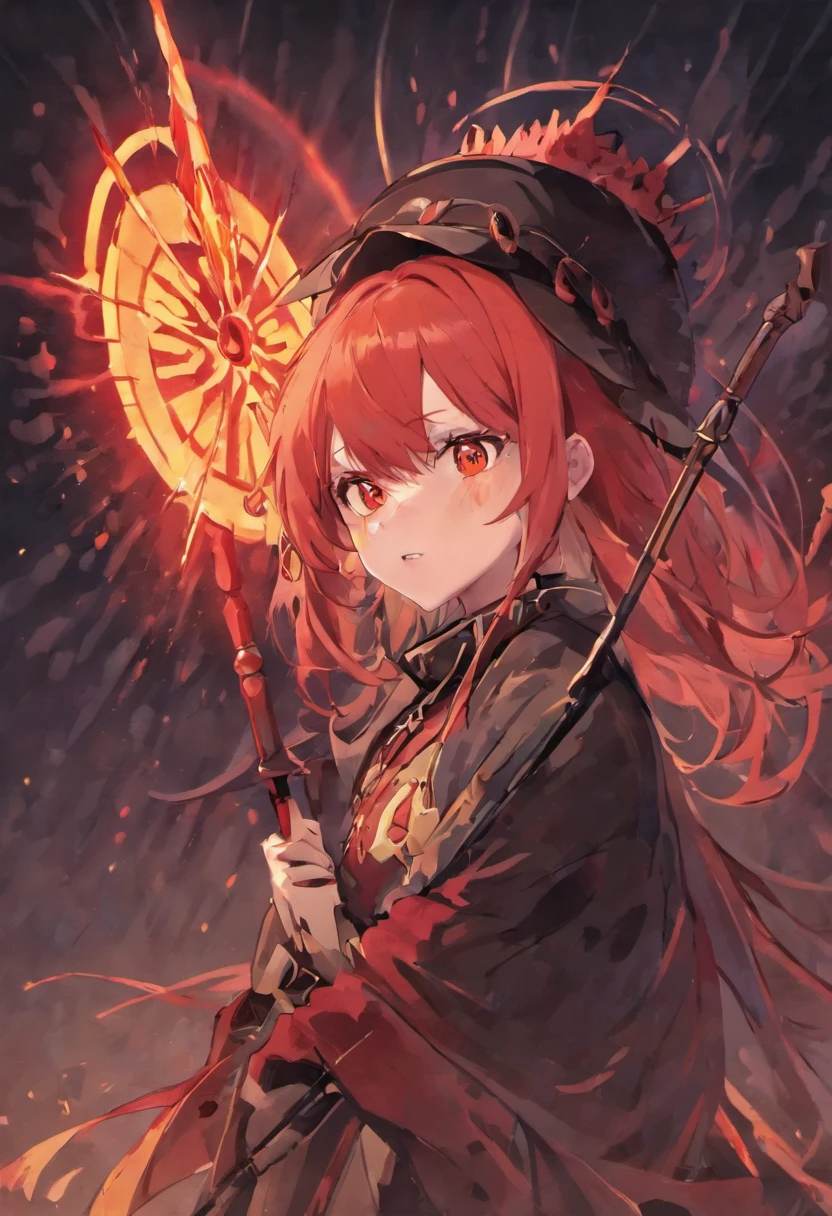 Make a female anime character Halloween hat with red glowing spear, red hair, red eyes with clock on her eyes.And her left hand has small glowing red knife with bliod dripping on it with yandere expression
