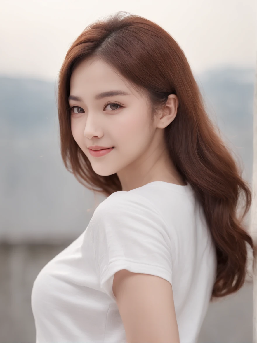 (Photo: 1.3) in the (Realistic: 1.3), Women in Japan, a beautiful detailed girl、Beautiful fine eyes、a smile、Soft light, Clear face, (front), ((White T-shirt)), Cheerful, Warm light, ((Gray-white gradient background)), (Background)) 、avatar,(shinny hair),Beautiful,年轻,,Medium hair,((avatar))、Full body portrait、(medium chest)、is standing、