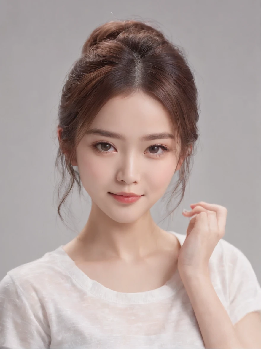(Photo: 1.3) in the (Realistic: 1.3), Women in Japan, a beautiful detailed girl、Beautiful fine eyes、a smile、Soft light, Clear face, (front), ((White T-shirt)), Cheerful, Warm light, ((Gray-white gradient background)), (Background)) 、avatar,(shinny hair),Beautiful,年轻,,Medium hair,((avatar))、Full body portrait、(medium chest)、is standing、