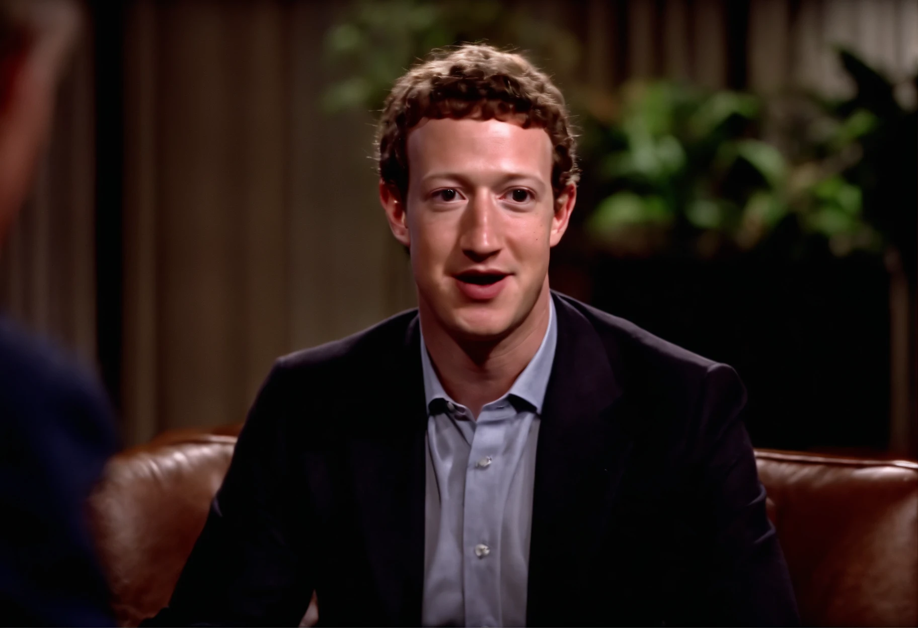 Close up of Mark Zuckerberg in a casual interview on a late night show from the 1970s 1980s, recording on VHS, bad quality youtube video