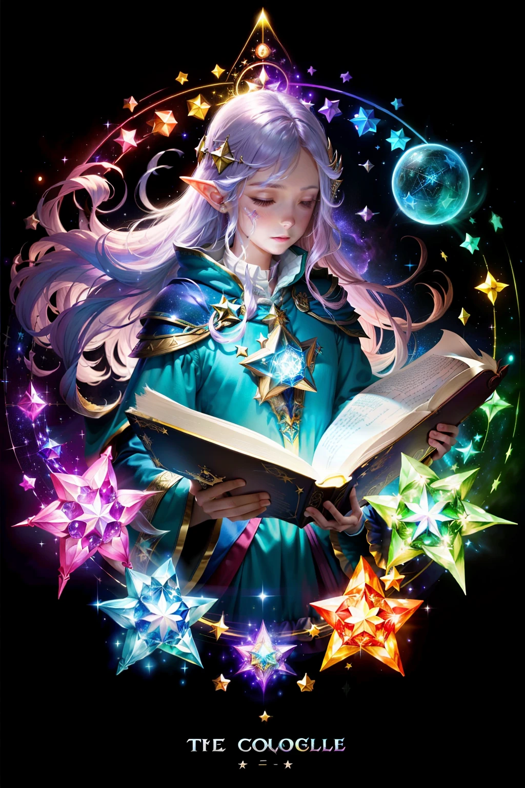 colourfull、There is a book with the image of a star, open magic book glowing, Magic Book, fantasy book illustration, Fantasy game spell symbols, spell book, Floating spellbook, Fantasy RPG Book Illustration, Fantasy Books, fantasy game spell, Flying magic runes, Geometry of Magical Elves, infinite celestial library, spell casting wizard, Spells
