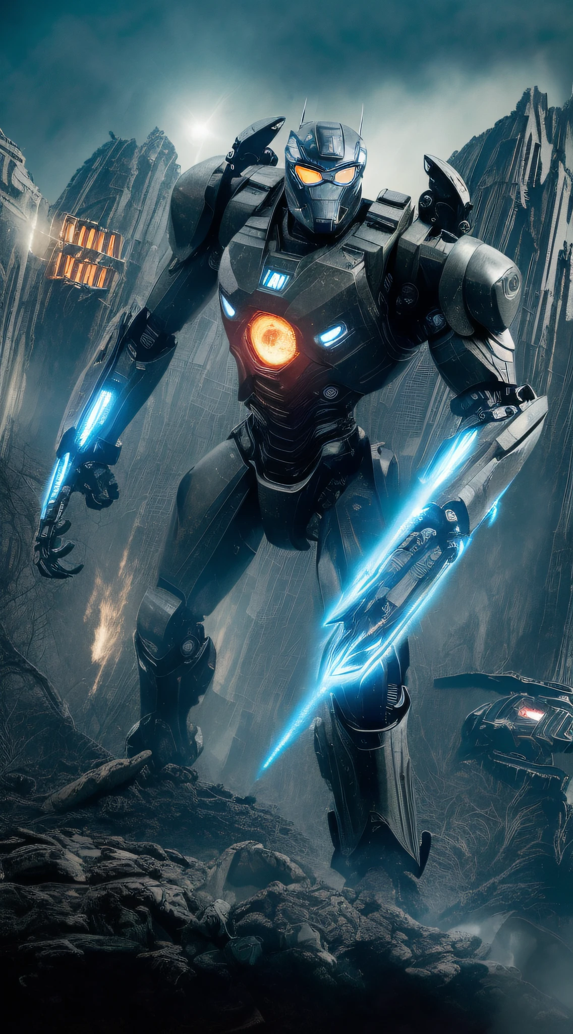 a close up of a robot with a fireball in its hand, from pacific rim, pacific rim jaeger, broken ruin pacific rim jaeger, pacific rim, movie pacific rim, pacific-rim-mech in background, promotional movie posterart, movie promotional art, promotional poster art, hd wallpaper, movie promotional image, profile picture 1024px, sci - fi