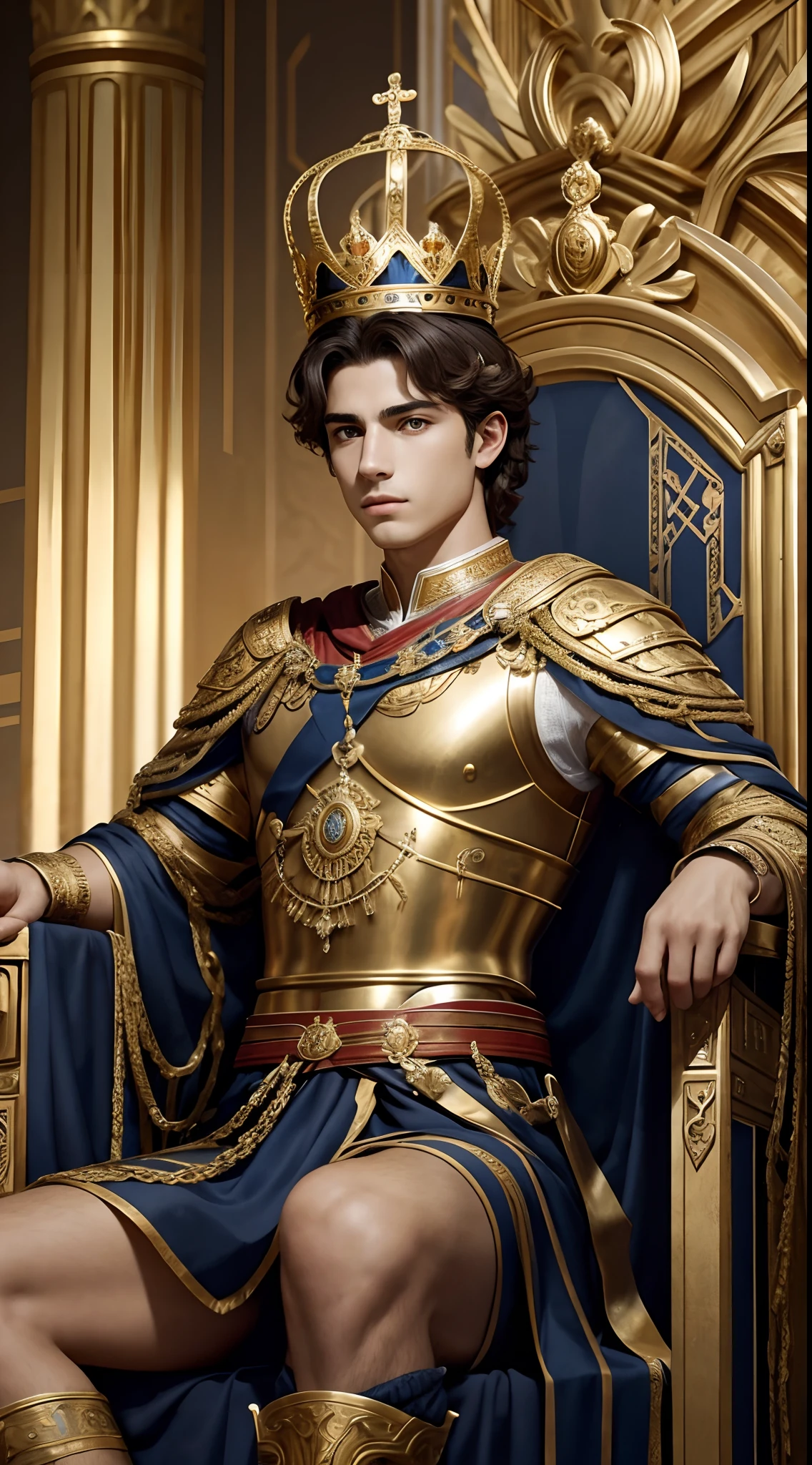 The young greek king sitting on the throne of the royal palace,(splendid,Epic composition),Be intimidating,ornate armour,A palatial crown,vague background,natural lightting,Highly detailed 8K