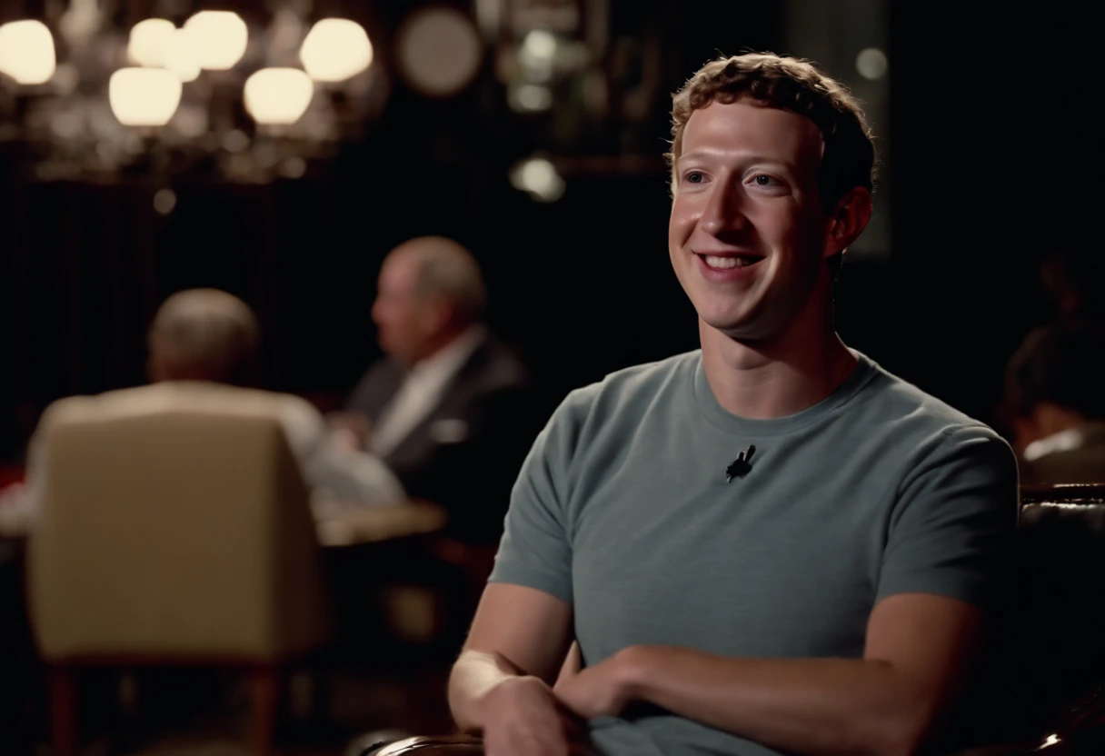 Close up of Mark Zuckerberg in a casual interview on a late night show from the 1970s, recording on VHS, bad quality youtube video