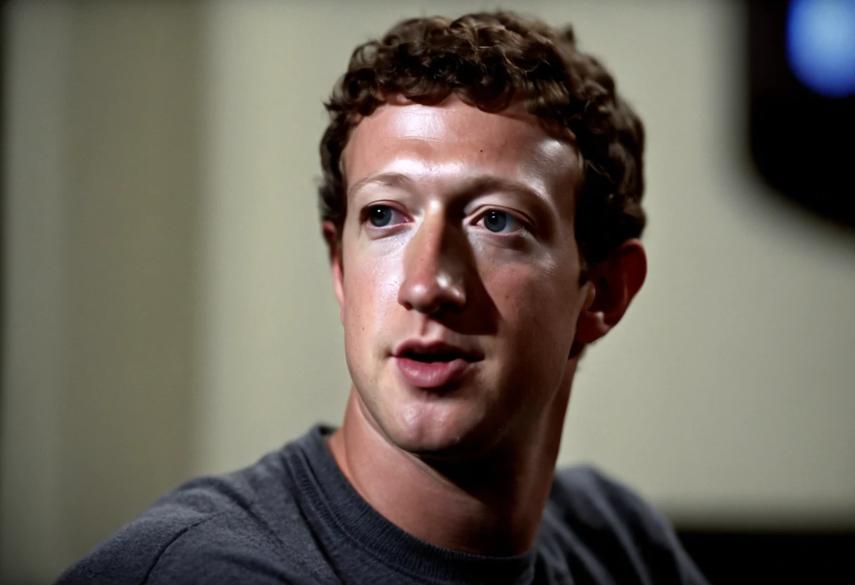 Close up of Mark Zuckerberg in a casual interview on a late night show from the 1970s, recording on VHS, bad quality youtube video