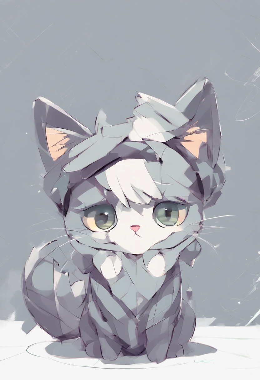 (petit chat gris ),(Meilleure pose),(Meilleur angle), (Meilleure expression), canon r8 ,multidimensional geometric wall PORTRAIT, art, Chibi,Yang08K, belle, Coloration, petit gillet de costume vert sapin,