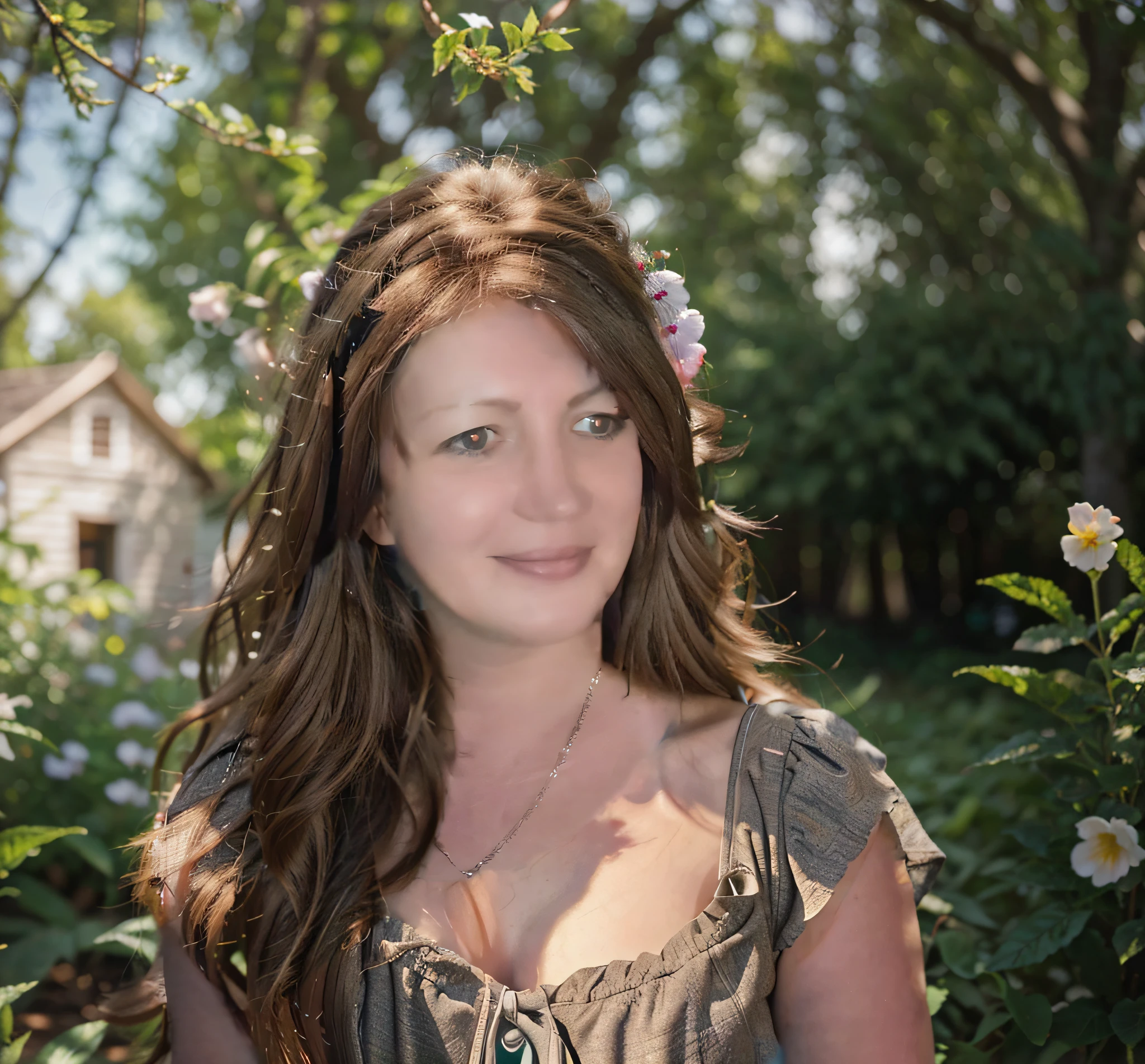 a girl with voluminous hair wearing a women's chemise,beautiful detailed eyes,beautiful detailed lips,extremely detailed eyes and face,long eyelashes,sitting in a lush garden surrounded by blooming flowers and tall trees,soft sunlight illuminating her face and casting a warm glow on her skin,(best quality,4k,8k,highres,masterpiece:1.2),ultra-detailed,realistic:1.37,HDR,UHD,studio lighting,ultra-fine painting,sharp focus,physically-based rendering,professional,vivid colors,portraits