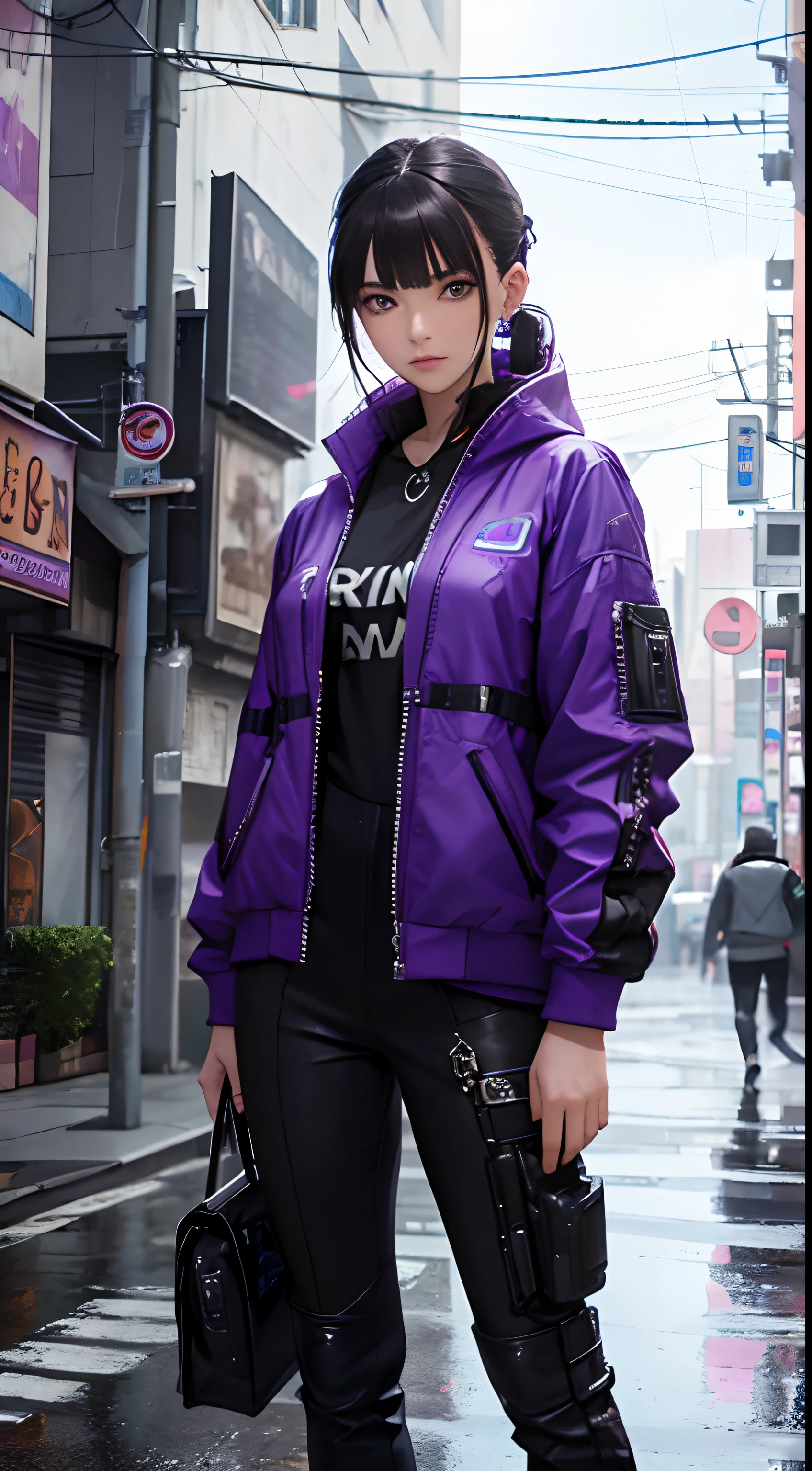 ((Best quality)), ((masterpiece)), (detailed: 1.4), 3D, cyberpunk woman,, a beautiful woman with Purple Street Wear, looking at camera, dirty clothes