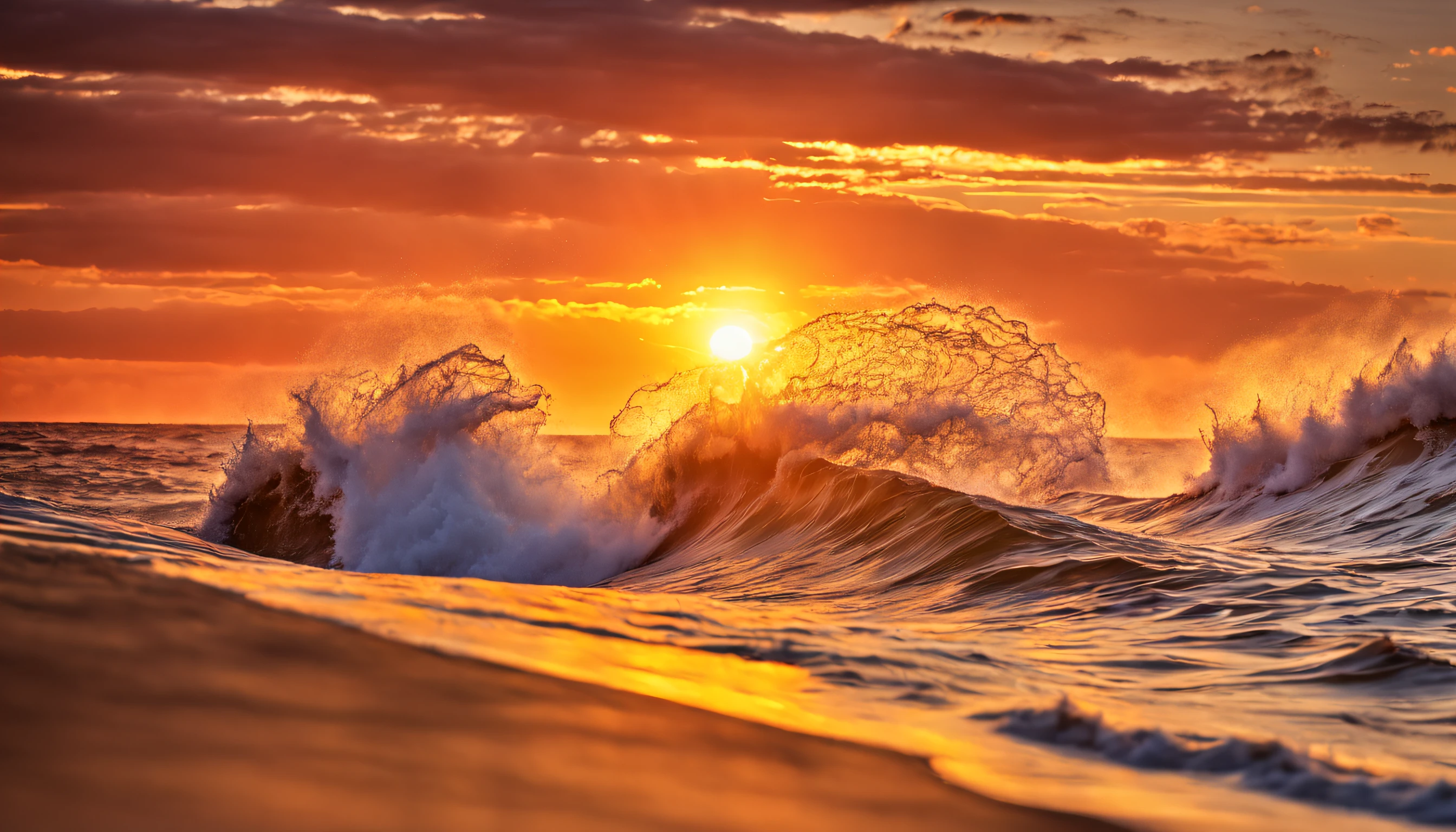 sunset over the ocean with a wave breaking in front of it, chaotic sea setting, beautiful waves in sea, sunset at the beach, epic red - orange sunlight, vibrant sunrise, shutterstock, beautiful sunrise, sunset on the beach, beautiful sunset, sea, vibrant sunset, tall backlit waves, the most beautiful sunset, soaring waves, rising from ocean, sunset glow