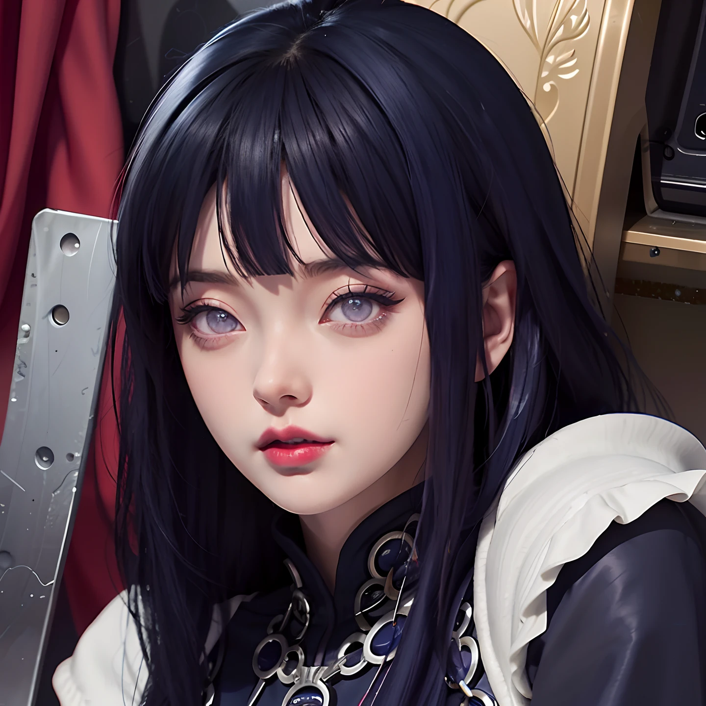 a close up of a person with long hair and a hoodie, hinata hyuga, hinata hyuga from naruto, from naruto, as an anime character, perfect anime face, she has dark blue hair with bangs, female anime character, anime character, anime best girl, hime cut hairstyle, dark blue hair, (red glossy lips:1.3), light purple eyes, big breasts, realistic, ultra detail