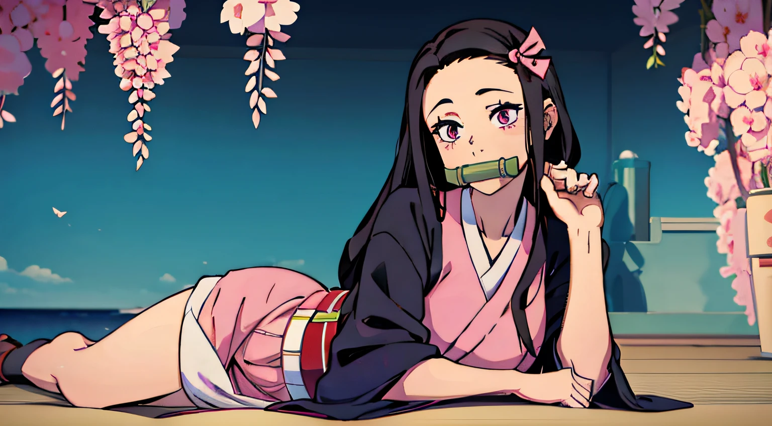 Nezuko as an adult, she is a beautiful young woman, she is in her regular pink kimono outfit, she has a black bamboo muzzle in her mouth, she has a sexually aroused look on face, she is laying down, she is showing off her body, her full body is in the image