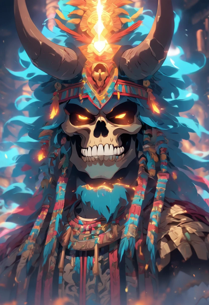 (((Skull God))) best quality, very high resolution, 4K detailed CG, masterpiece, Mayan mythology, god of death, Cizin, colorful feathers, Mexico, standing pose, Mayan clothing, Mayan city, (( WITH HORNS)) , aesthetics, beautiful image, centered on the screen, standing pose
