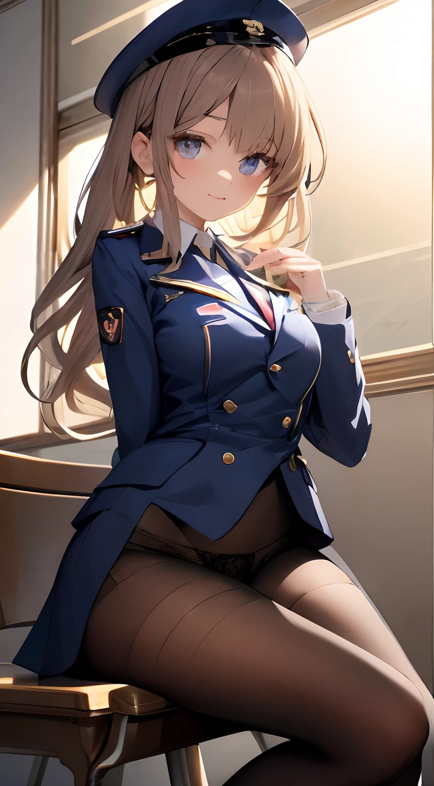 、Mature and beautiful face、Seductive eyes、lift thigh、back Lighting、Navy blue blazer uniform and patch、Bend your waist、M-legs,Perfect hand, Beautiful perfect legs，Lace，pantiess，lacepantyhose，