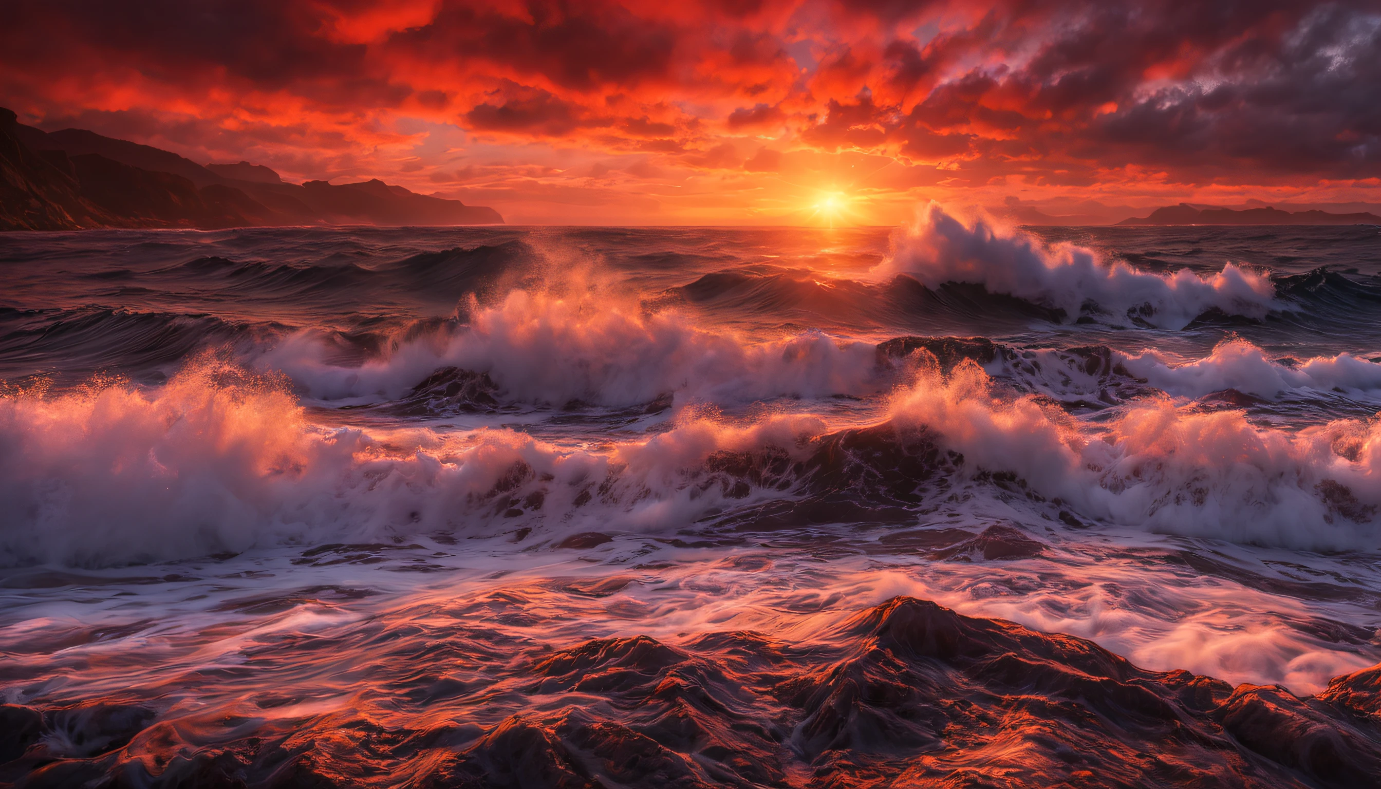 arafed view of a sunset over the ocean with waves crashing, chaotic sea setting, marc adamus, breathtaking look, epic sunset, dramatic reddish light, epic sunrise, vibrant sunrise, sunset glow, soft glow, vibrant sunset, breathtaking composition, jaw dropping beauty, by Alexander Robertson, red horizon, dramatic sunrise, breathtaking colors, dramatic sunset, seascape, red sunset