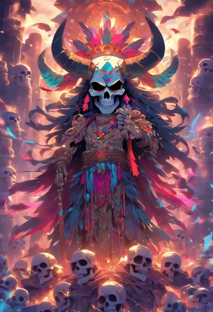 (((Skull God))) best quality, very high resolution, 4K detailed CG, masterpiece, Mayan mythology, god of death, Cizin, colorful feathers, Mexico, standing pose, Mayan clothing, Mayan city, (( WITH HORNS)) , aesthetics, beautiful image, centered on the screen, standing pose