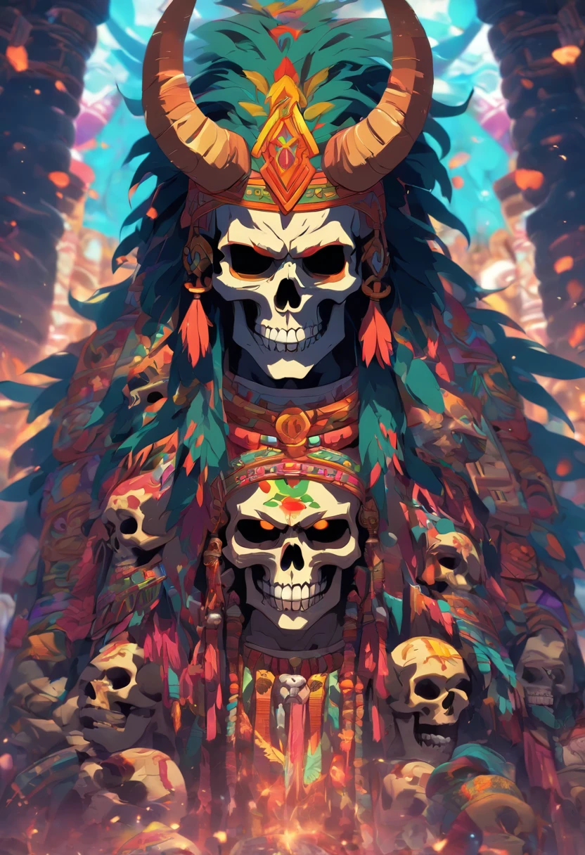 (((Skull God))) best quality, very high resolution, 4K detailed CG, masterpiece, Mayan mythology, god of death, Cizin, colorful feathers, Mexico, standing pose, Mayan clothing, Mayan city, (( WITH HORNS)) , aesthetics, beautiful image, centered on the screen, standing pose