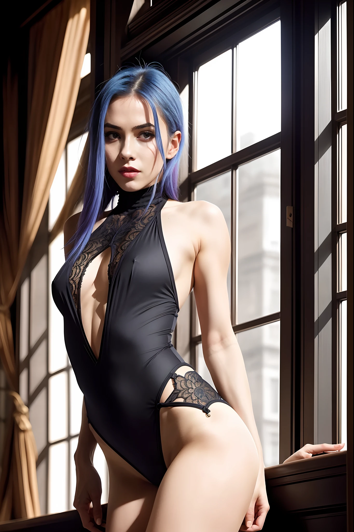 ((masterpiece, best quality)), beautiful woman (Jinx from Arcane), (small breasts), (fit, athletic body), (natural skin), legs, (high detail high cut plunging lacey bodysuit:1.3), (seductive expression:1.2), standing, various poses, loungeroom background, (UHD, 8K wallpaper, High resolution), Cinematic lighting, physically-based rendering, award-winning, extremely detailed skin, extra detailed face, high detail eyes, Carl Zeiss 85 mm F/1.4, by Ellen von Unwerth, from behind